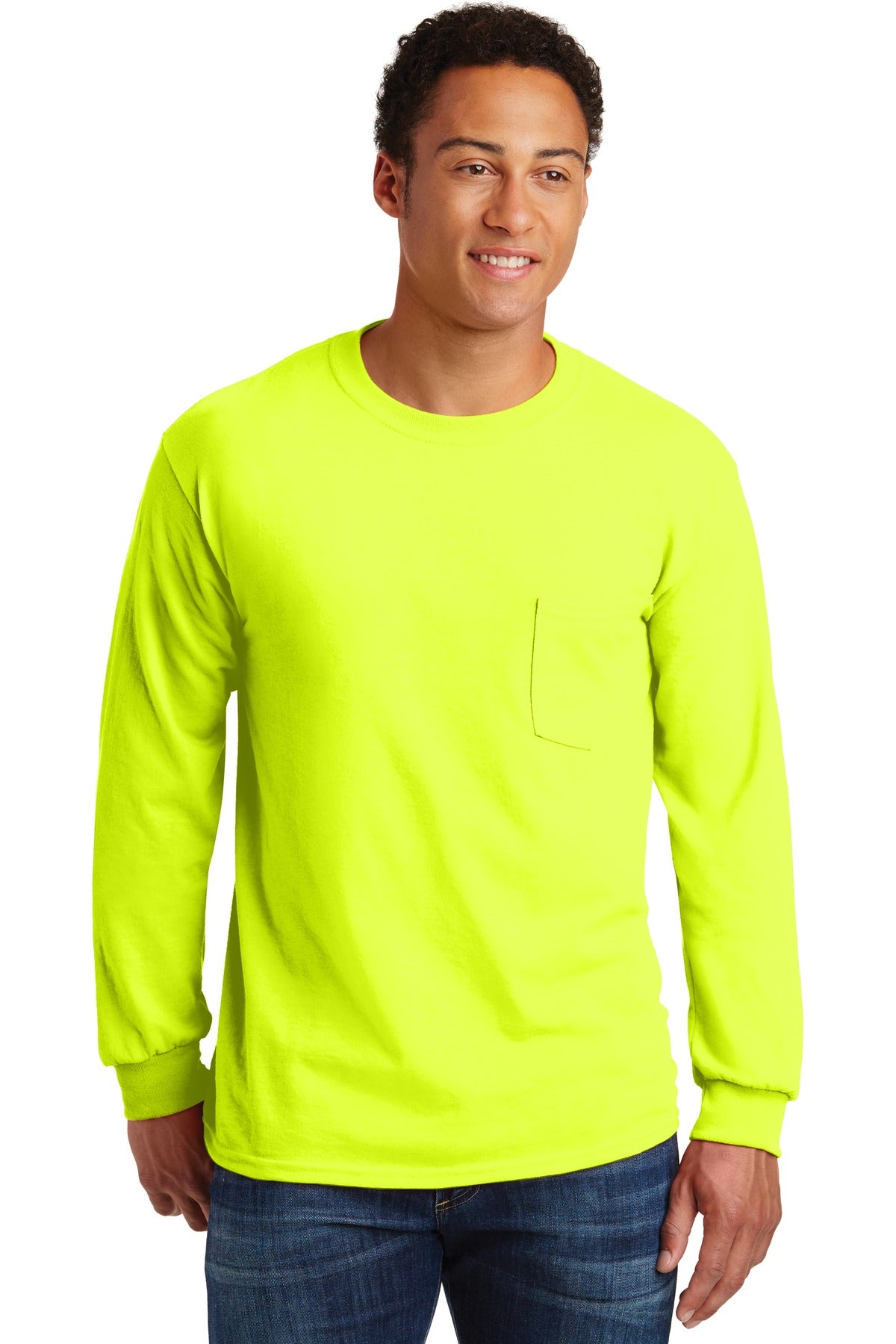 Gildan® Ultra Cotton® 100% US Cotton Long Sleeve T-Shirt with Pocket - Safety Green - S
