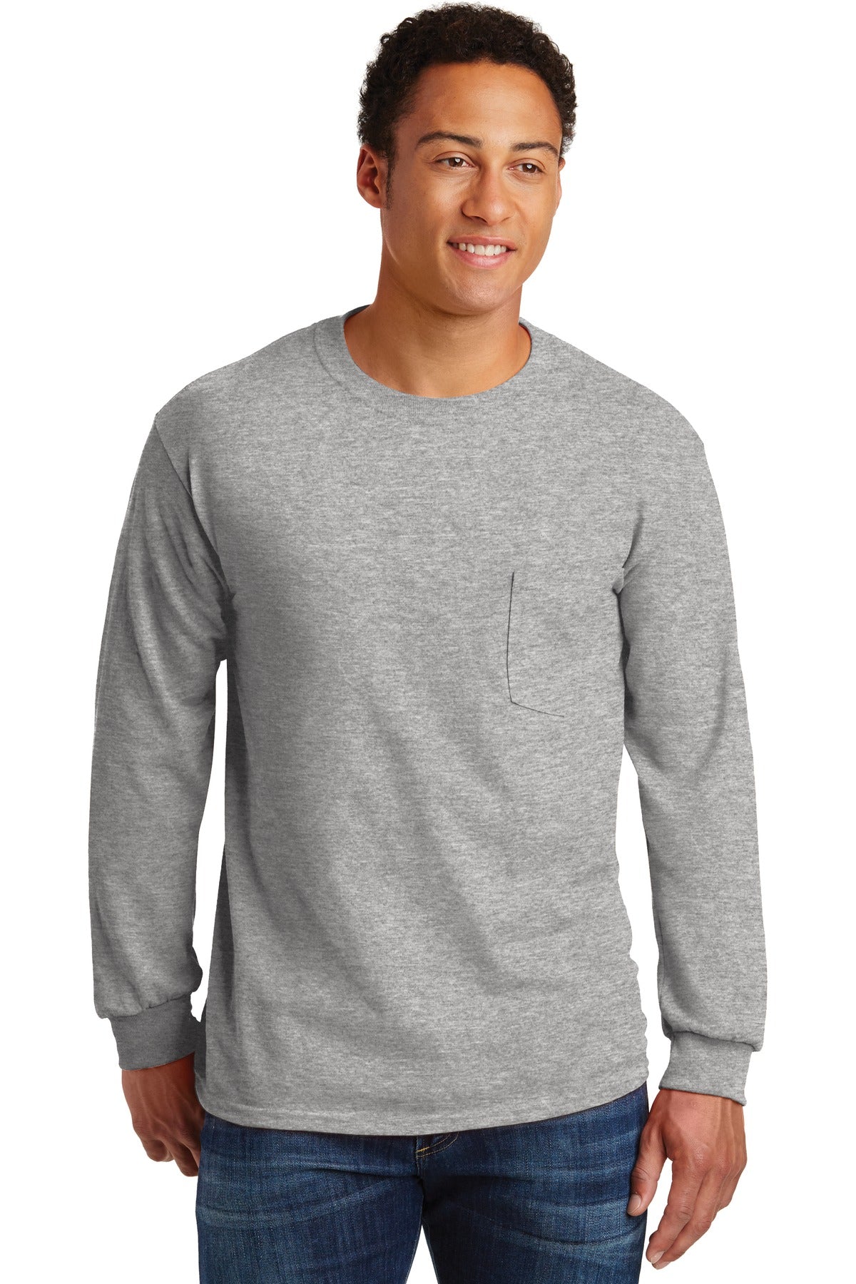 Gildan® Ultra Cotton® 100% US Cotton Long Sleeve T-Shirt with Pocket - Sport Grey - S