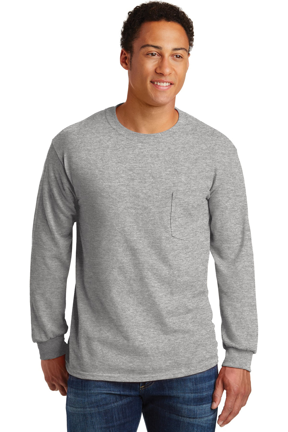 Gildan® Ultra Cotton® 100% US Cotton Long Sleeve T-Shirt with Pocket - Sport Grey - S