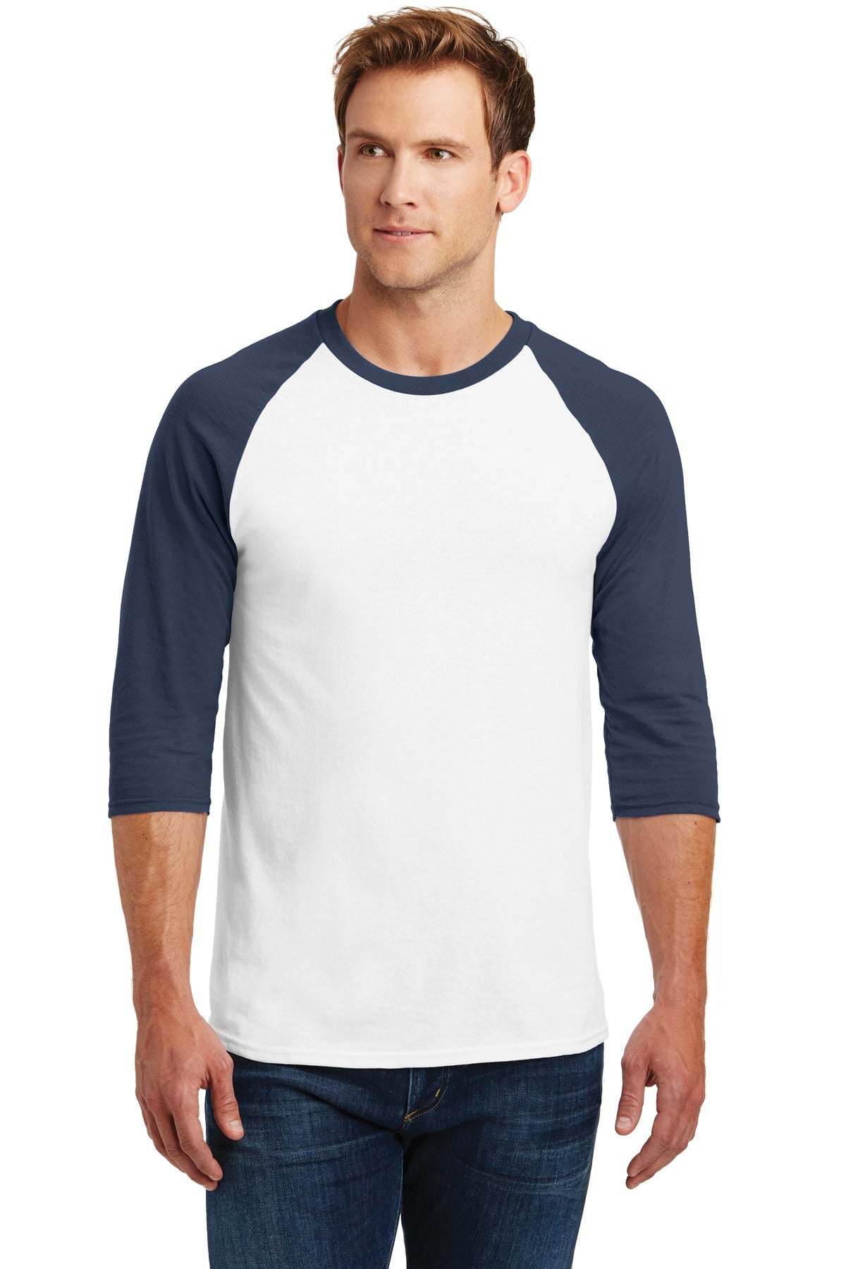 Gildan® Heavy Cotton™ 3/4-Sleeve Raglan T-Shirt - White/ Navy - S