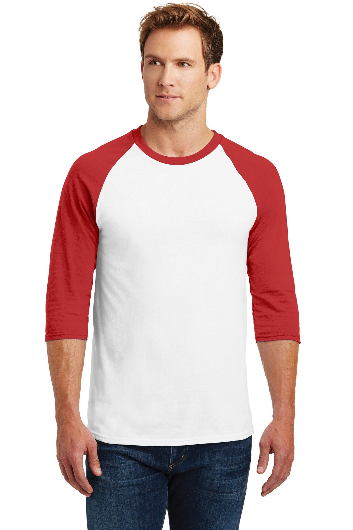 Gildan® Heavy Cotton™ 3/4-Sleeve Raglan T-Shirt - White/ Red - S
