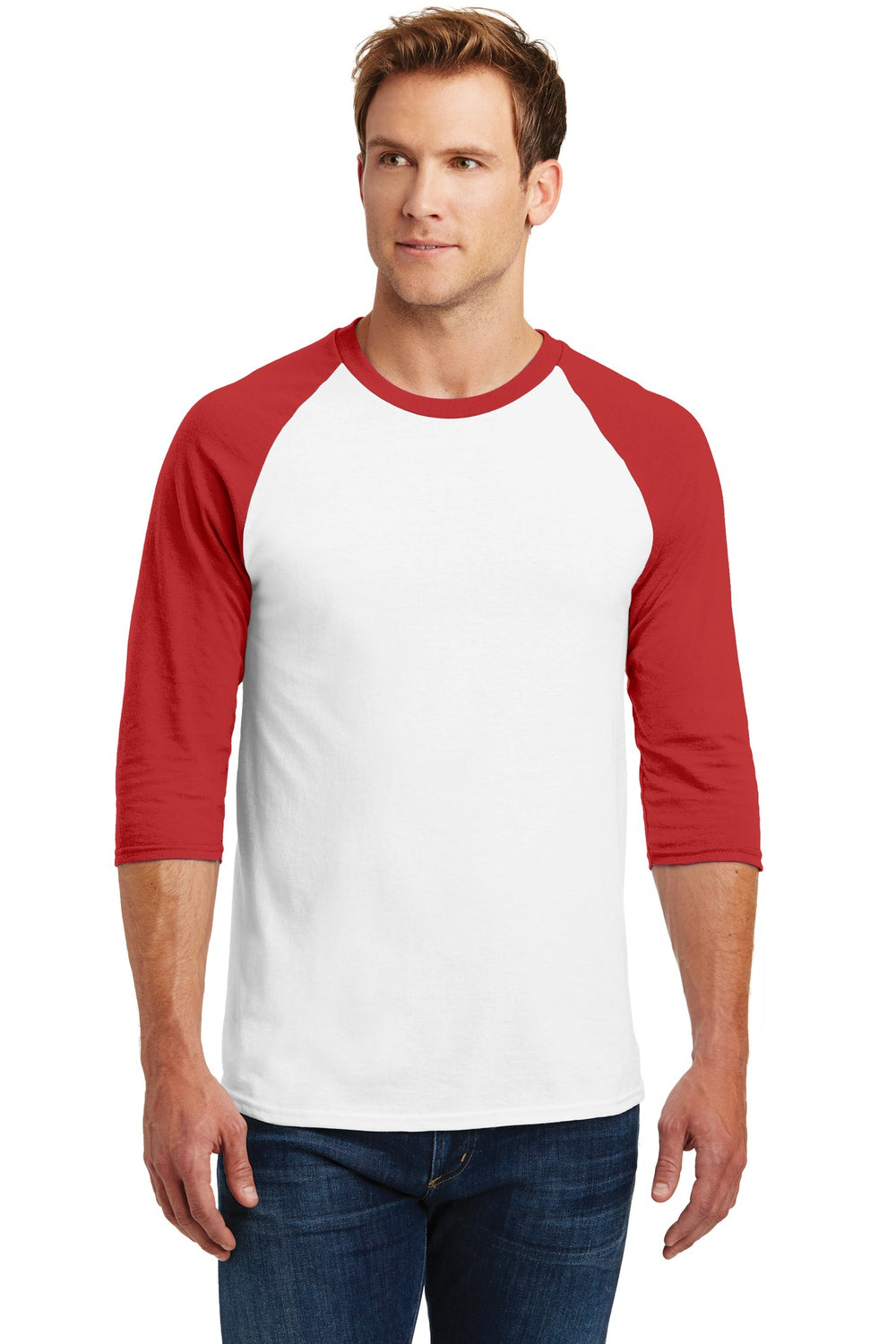 Gildan® Heavy Cotton™ 3/4-Sleeve Raglan T-Shirt - White/ Red - S