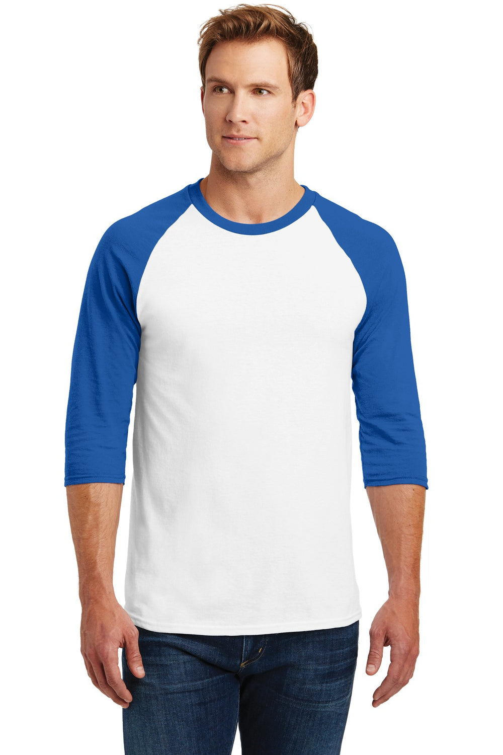 Gildan® Heavy Cotton™ 3/4-Sleeve Raglan T-Shirt - White/ Royal - S