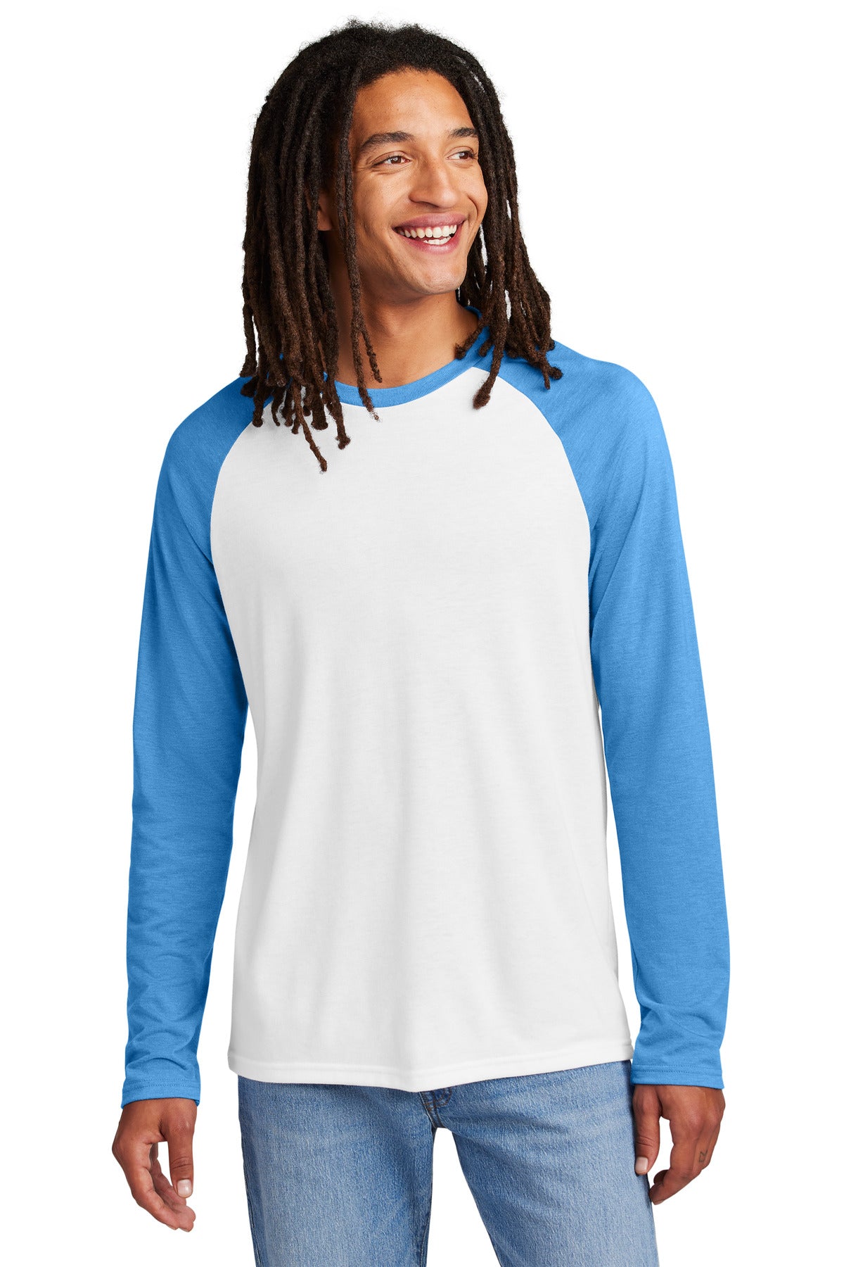 Allmade® Unisex Tri-Blend Long Sleeve Colorblock Raglan - Azure Blue/ Bright White - XS