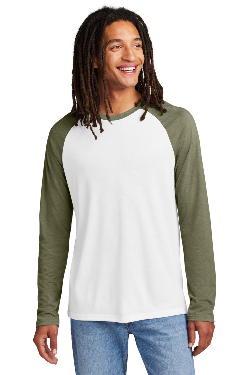 Allmade® Unisex Tri-Blend Long Sleeve Colorblock Raglan - Olive You Green/ Bright White - XS