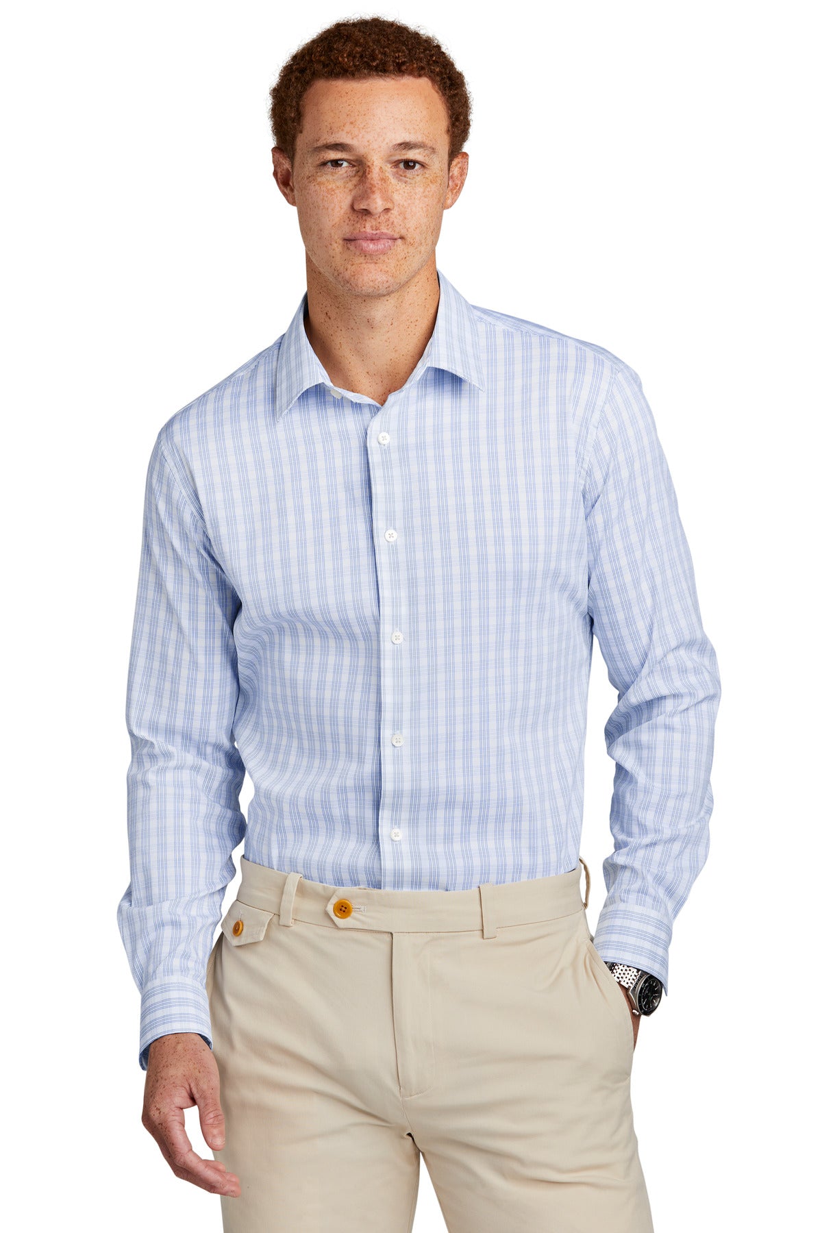 Brooks Brothers® Tech Stretch Patterned Shirt - White/ Newport Blue Grid Check - XS