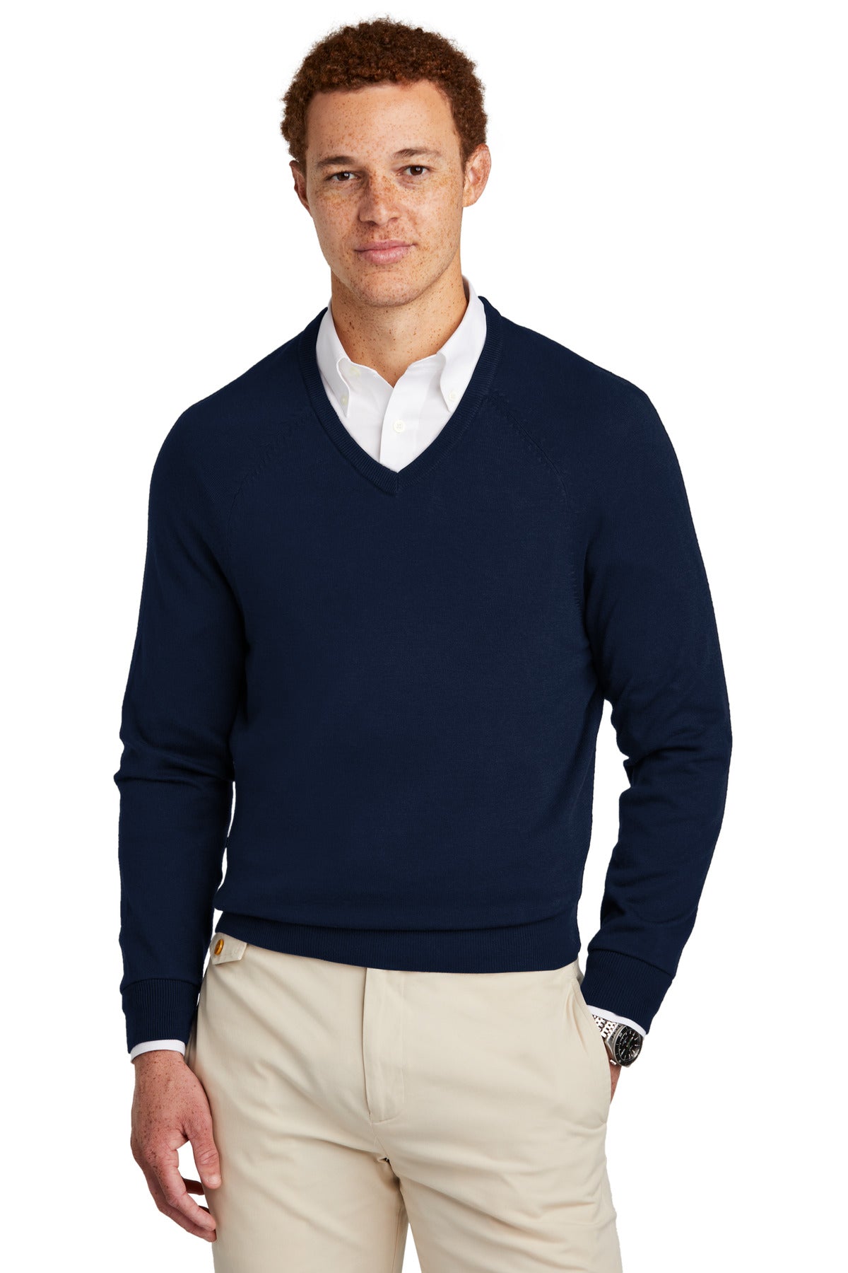 Brooks Brothers® Cotton Stretch V-Neck Sweater - Navy Blazer - XS