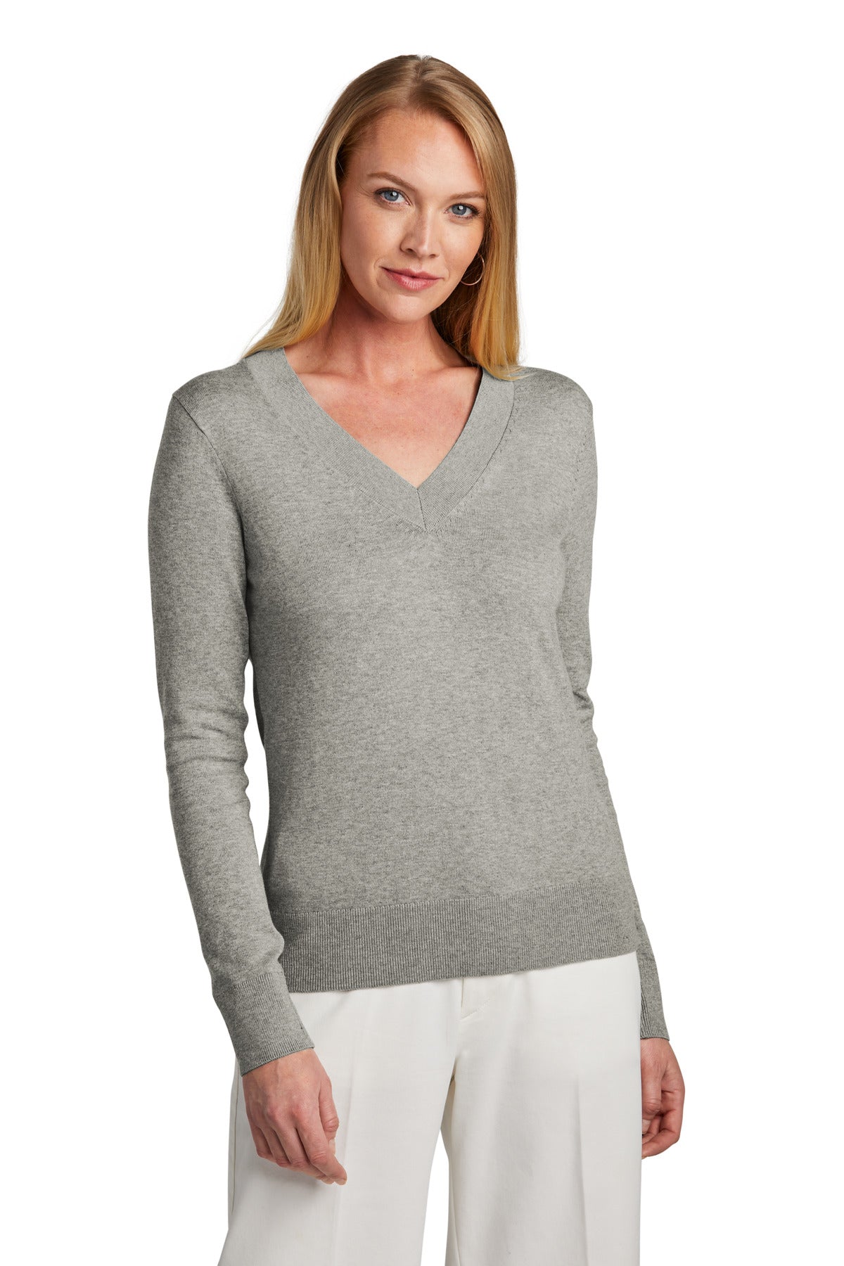 Brooks Brothers® Women’s Cotton Stretch V-Neck Sweater - Light Shadow Grey Heather - XS