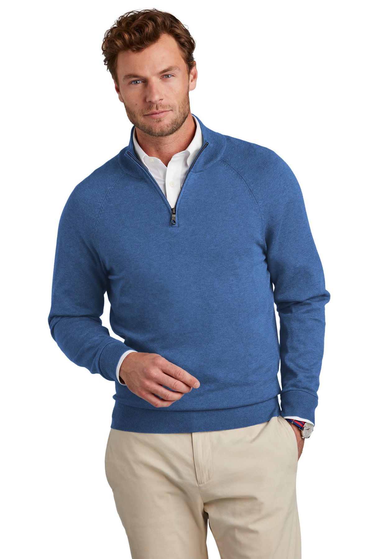 Brooks Brothers® Cotton Stretch 1/4-Zip Sweater - Charter Blue Heather - XS