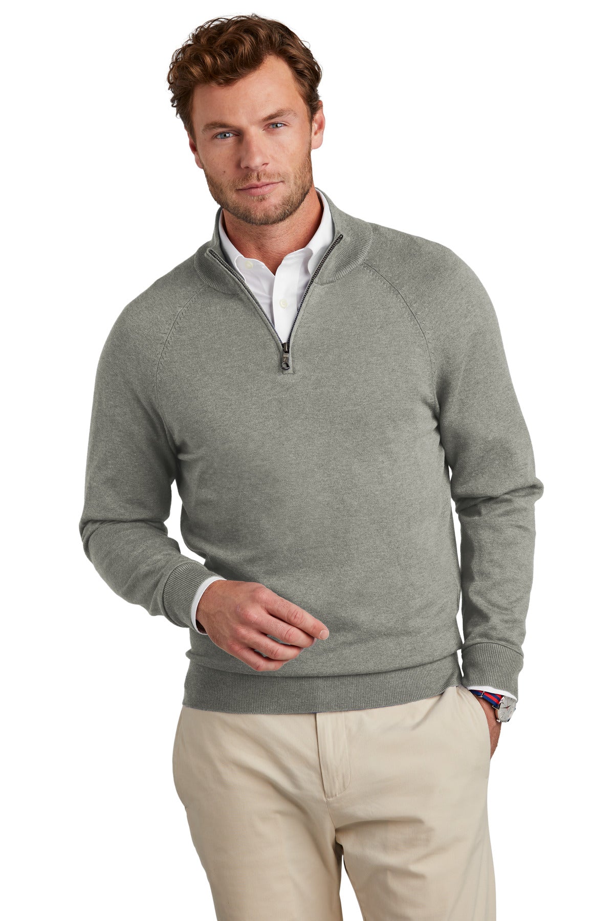Brooks Brothers® Cotton Stretch 1/4-Zip Sweater - Light Shadow Grey Heather - XS