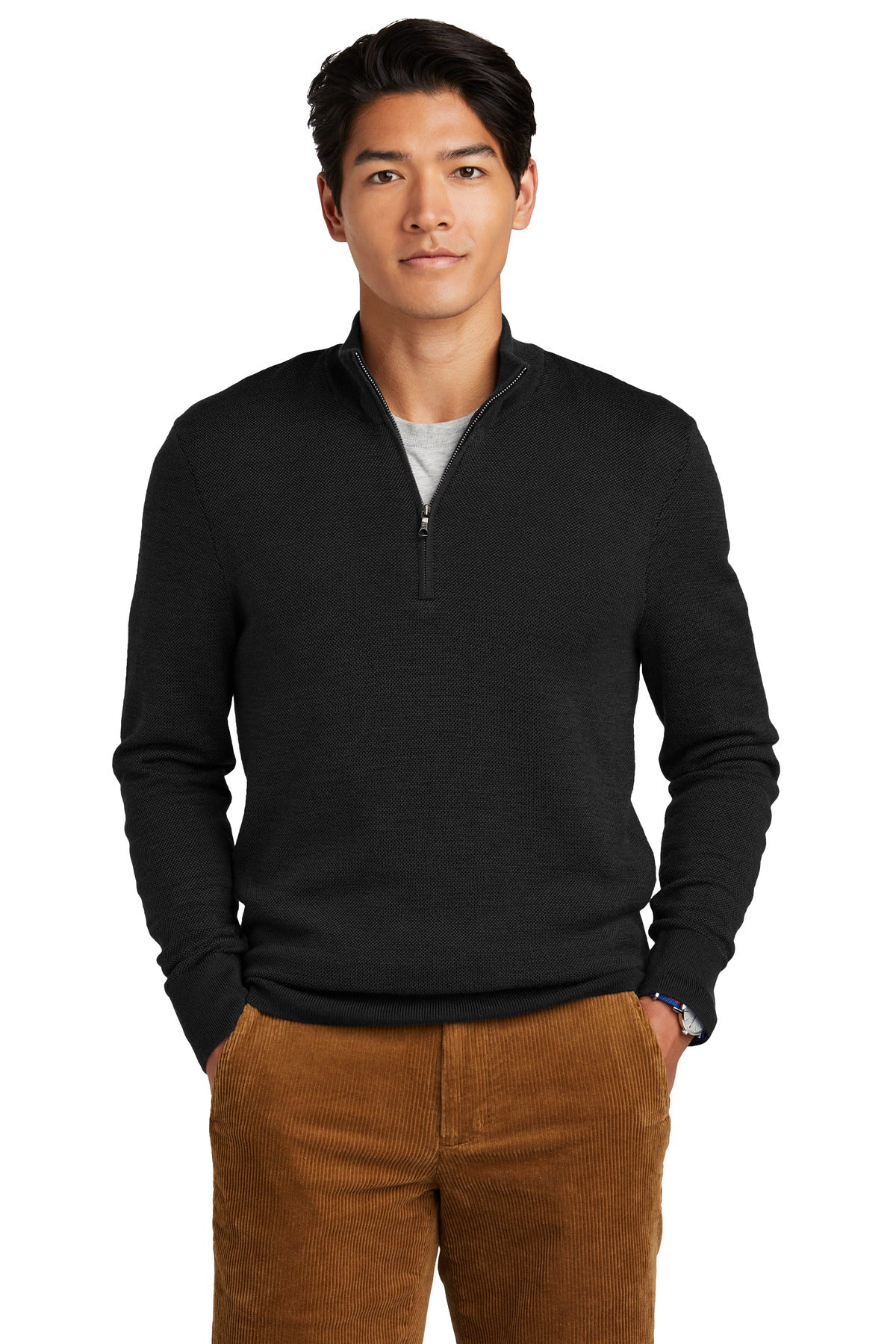 Brooks Brothers® Washable Merino Birdseye 1/4-Zip Sweater - Deep Black - XS