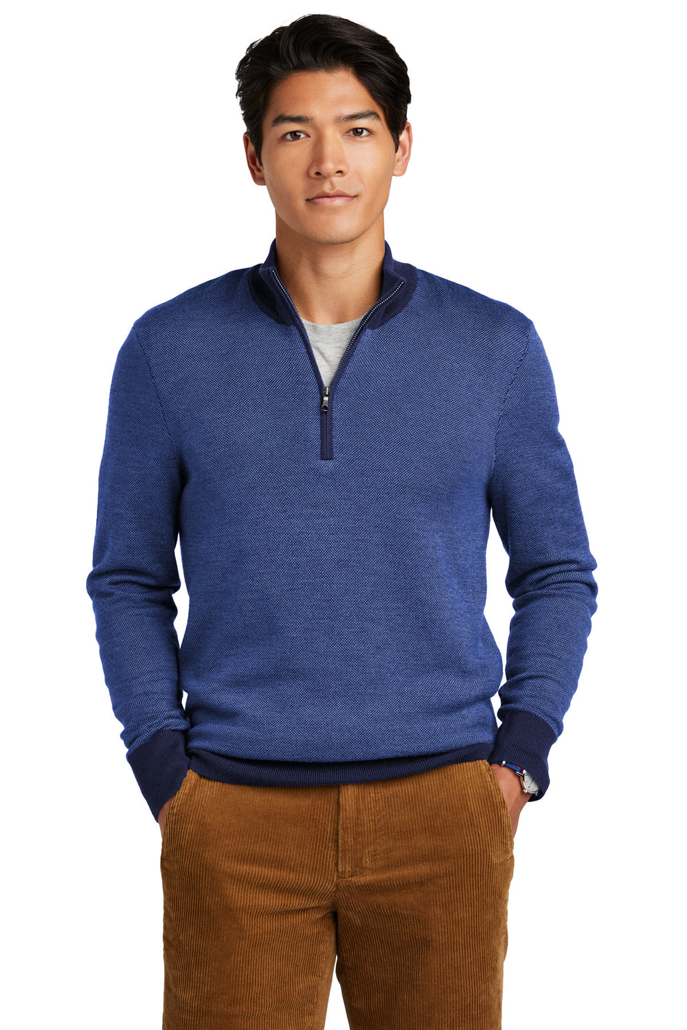 Brooks Brothers® Washable Merino Birdseye 1/4-Zip Sweater - Navy/ Compass Blue - 2XL