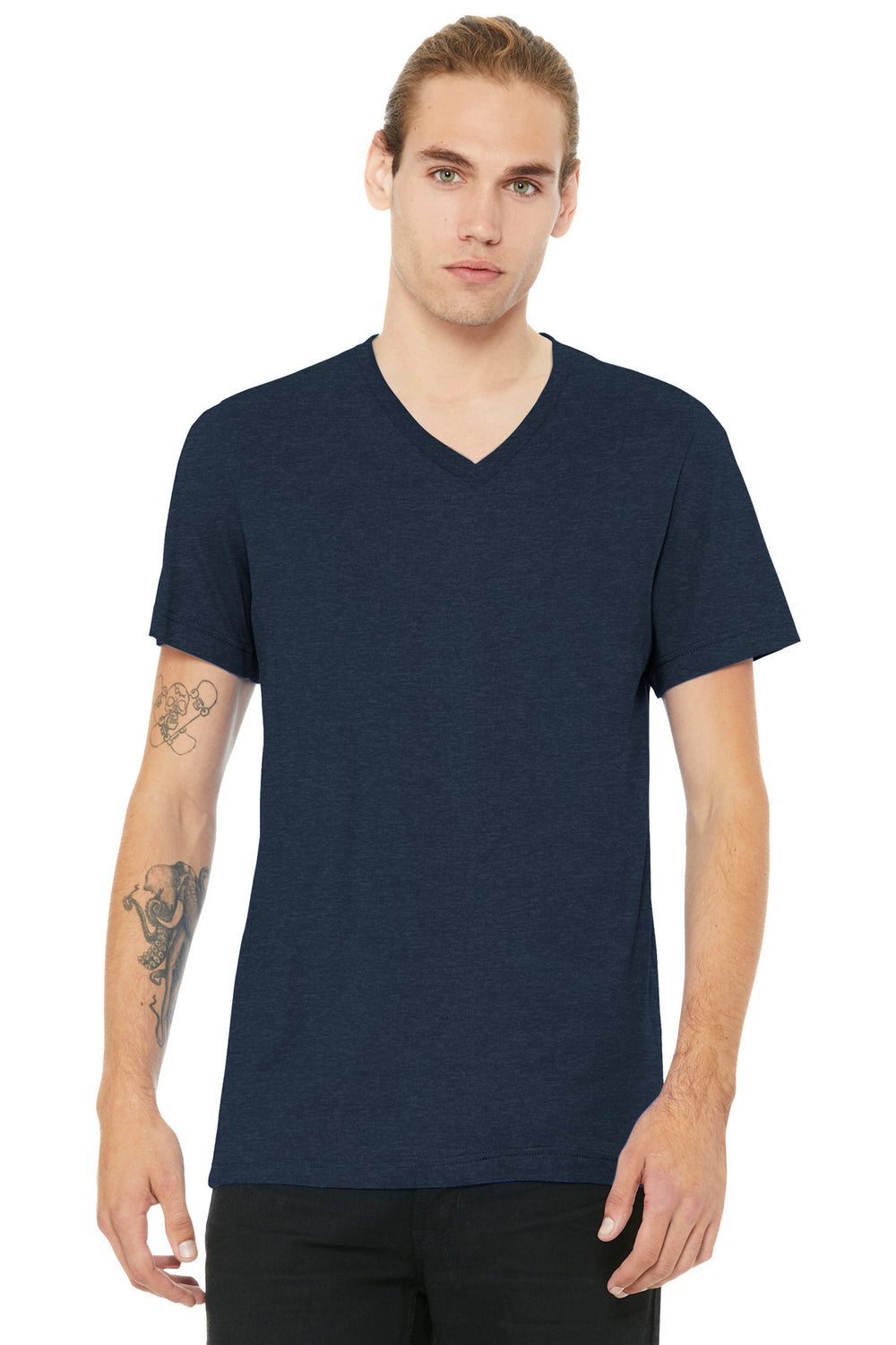 BELLA+CANVAS® Unisex Heather CVC V-Neck Tee - Heather Navy - XS