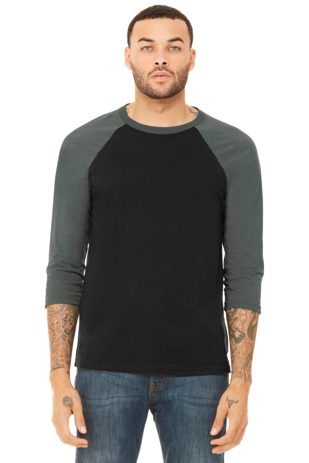 BELLA+CANVAS® Unisex 3/4-Sleeve Baseball Tee - Black/ Deep Heather - XS