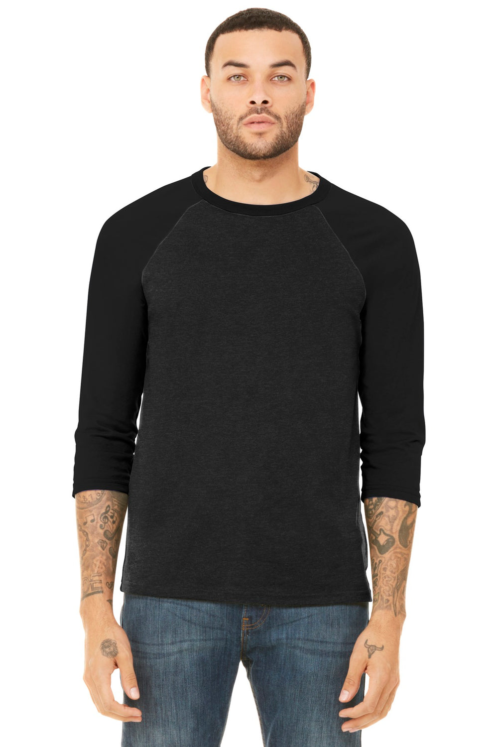 BELLA+CANVAS® Unisex 3/4-Sleeve Baseball Tee - Black Heather/ Black - XS