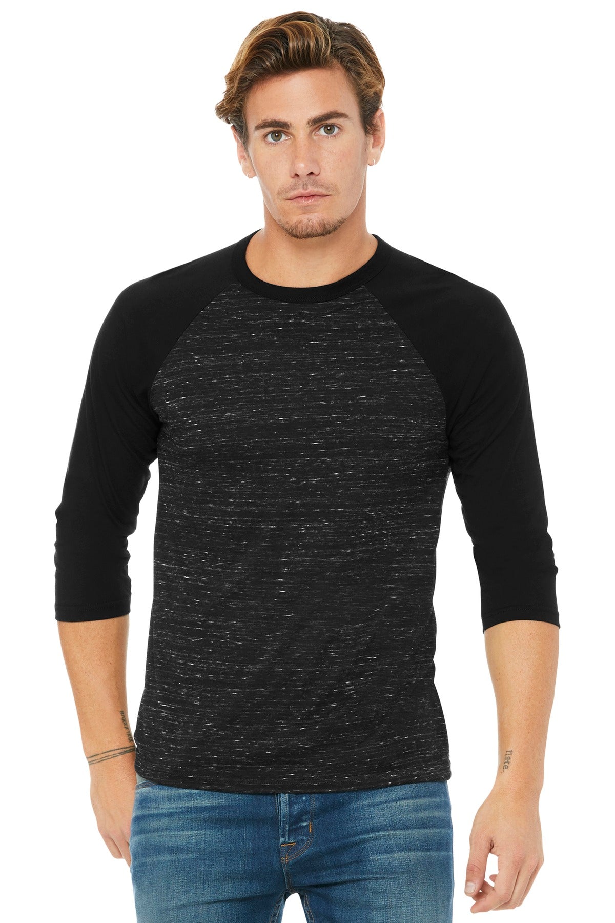 BELLA+CANVAS® Unisex 3/4-Sleeve Baseball Tee - Black Marble/ Black - XS