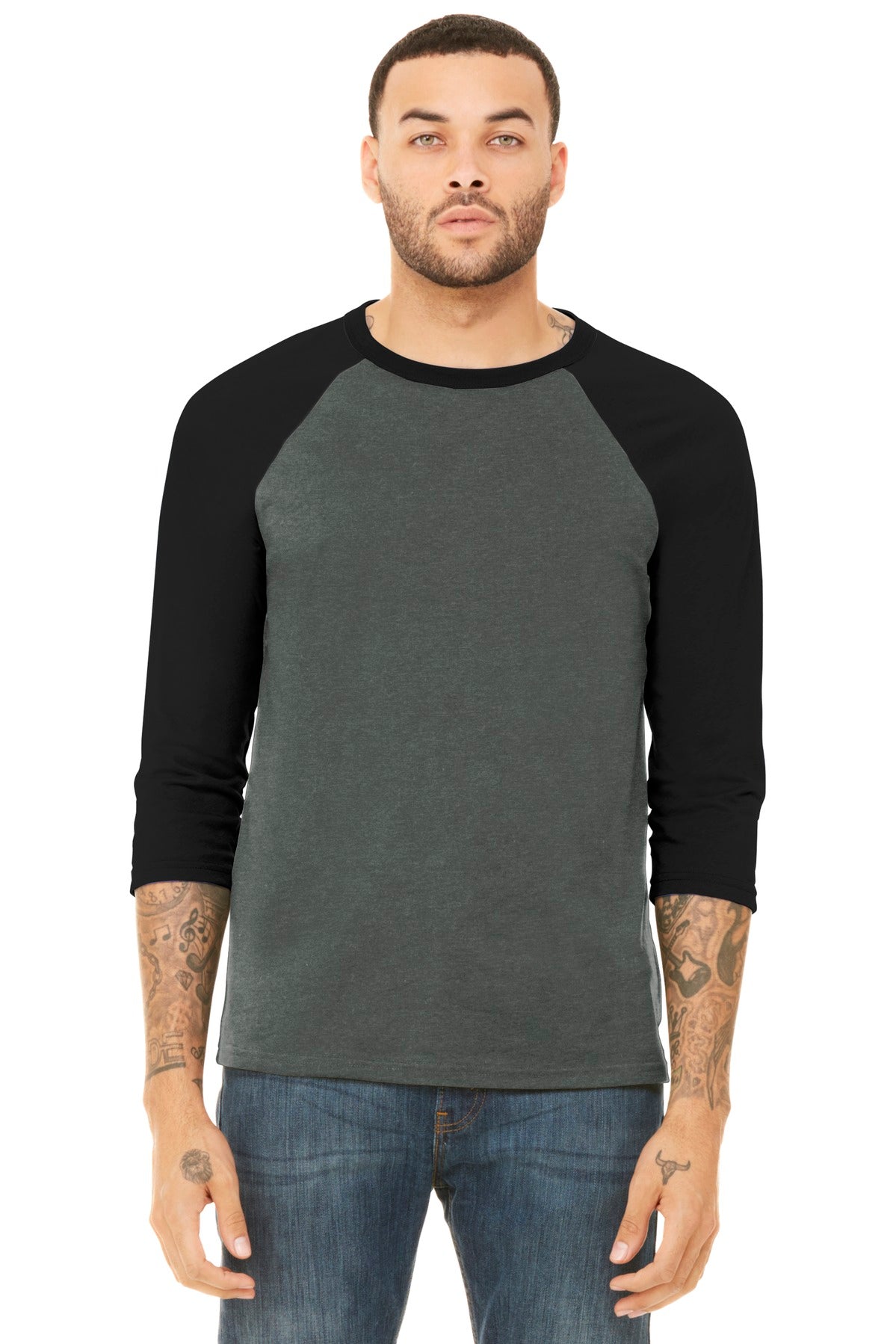 BELLA+CANVAS® Unisex 3/4-Sleeve Baseball Tee - Deep Heather/ Black - XS