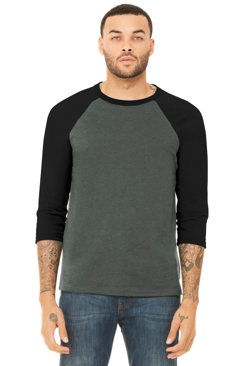 BELLA+CANVAS® Unisex 3/4-Sleeve Baseball Tee - Deep Heather/ Black - XS