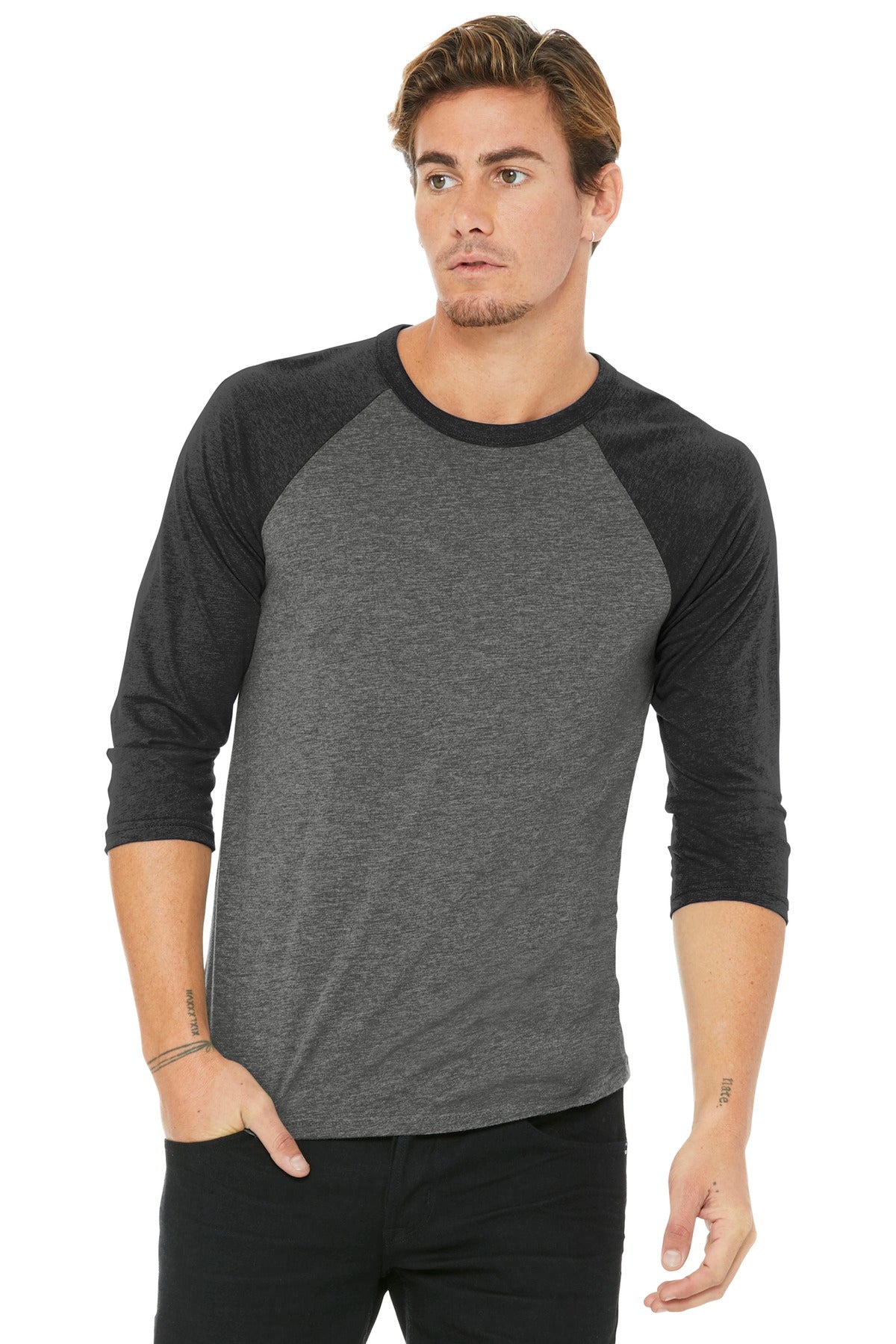 BELLA+CANVAS® Unisex 3/4-Sleeve Baseball Tee - Grey/ Charcoal-Black Triblend - XS