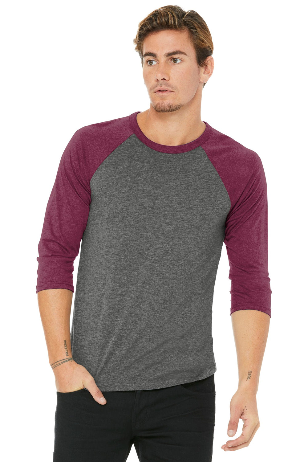 BELLA+CANVAS® Unisex 3/4-Sleeve Baseball Tee - Grey/ Maroon Triblend - XS