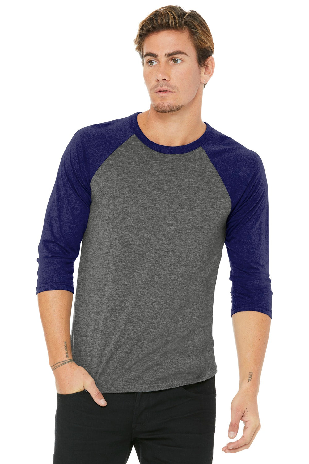 BELLA+CANVAS® Unisex 3/4-Sleeve Baseball Tee - Grey/ Navy Triblend - XS