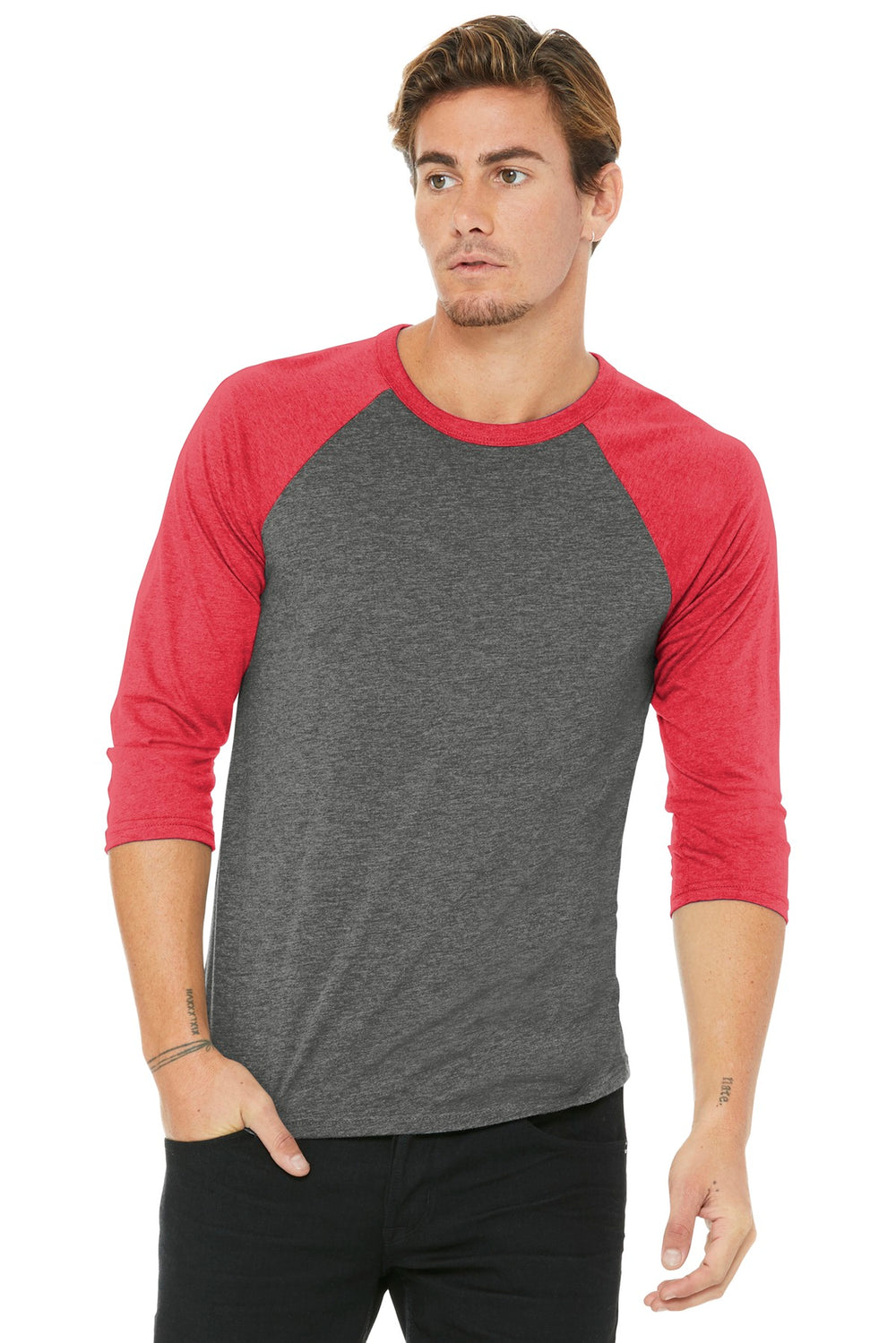 BELLA+CANVAS® Unisex 3/4-Sleeve Baseball Tee - Grey/ Red Triblend - XS