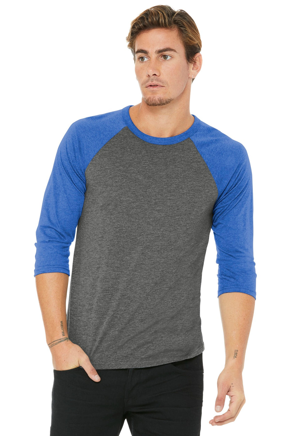 BELLA+CANVAS® Unisex 3/4-Sleeve Baseball Tee - Grey/ True Royal Triblend - XS