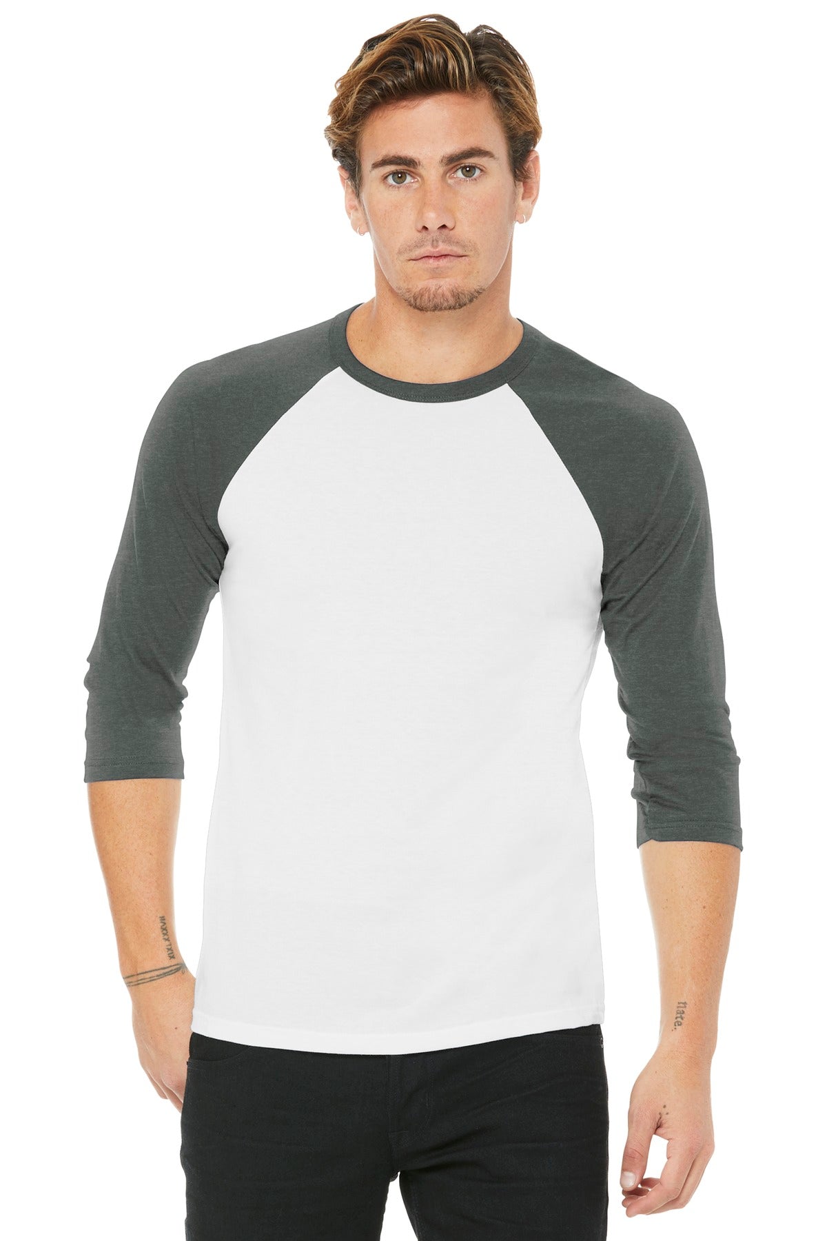 BELLA+CANVAS® Unisex 3/4-Sleeve Baseball Tee - White/ Deep Heather - XS