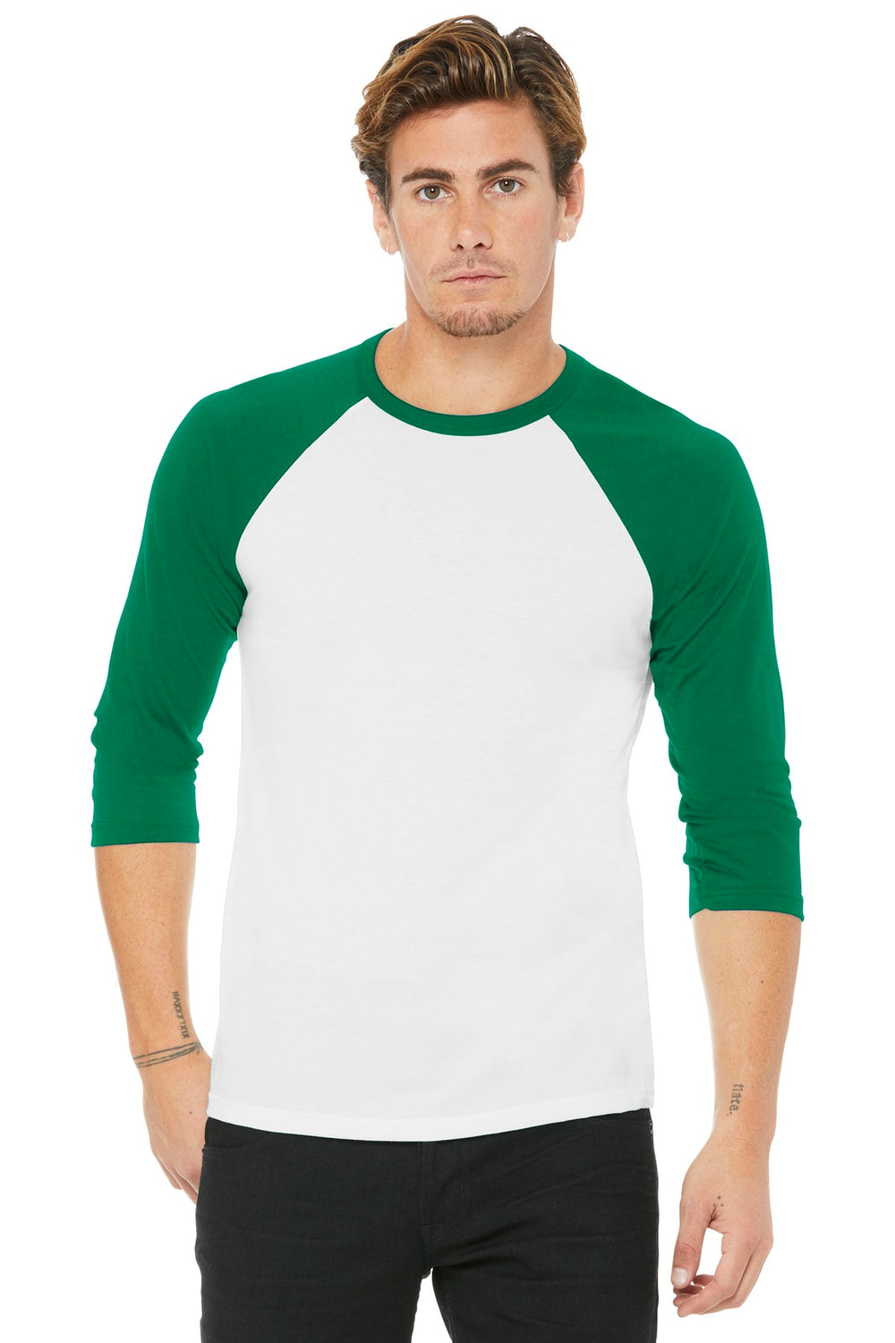 BELLA+CANVAS® Unisex 3/4-Sleeve Baseball Tee - White/ Kelly - XS