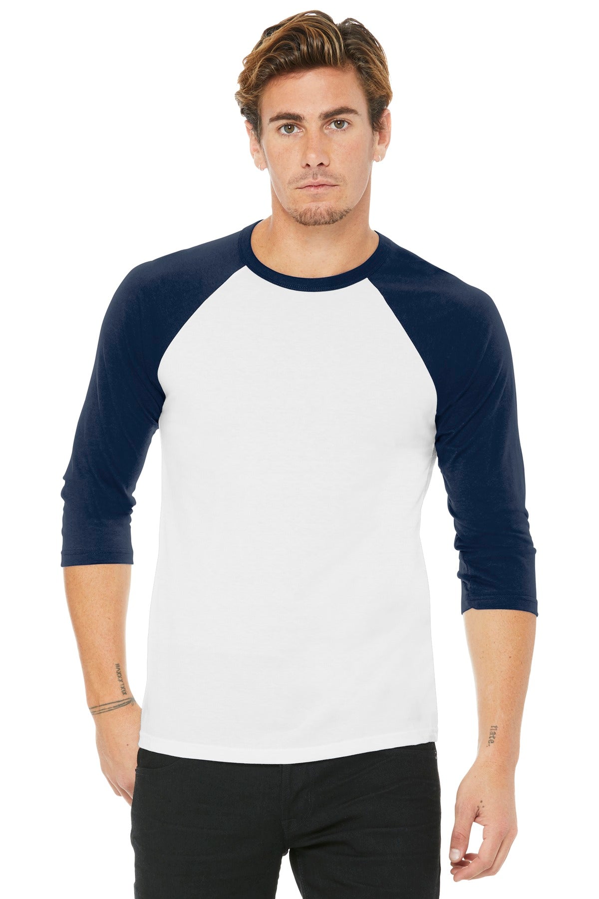 BELLA+CANVAS® Unisex 3/4-Sleeve Baseball Tee - White/ Navy - XS