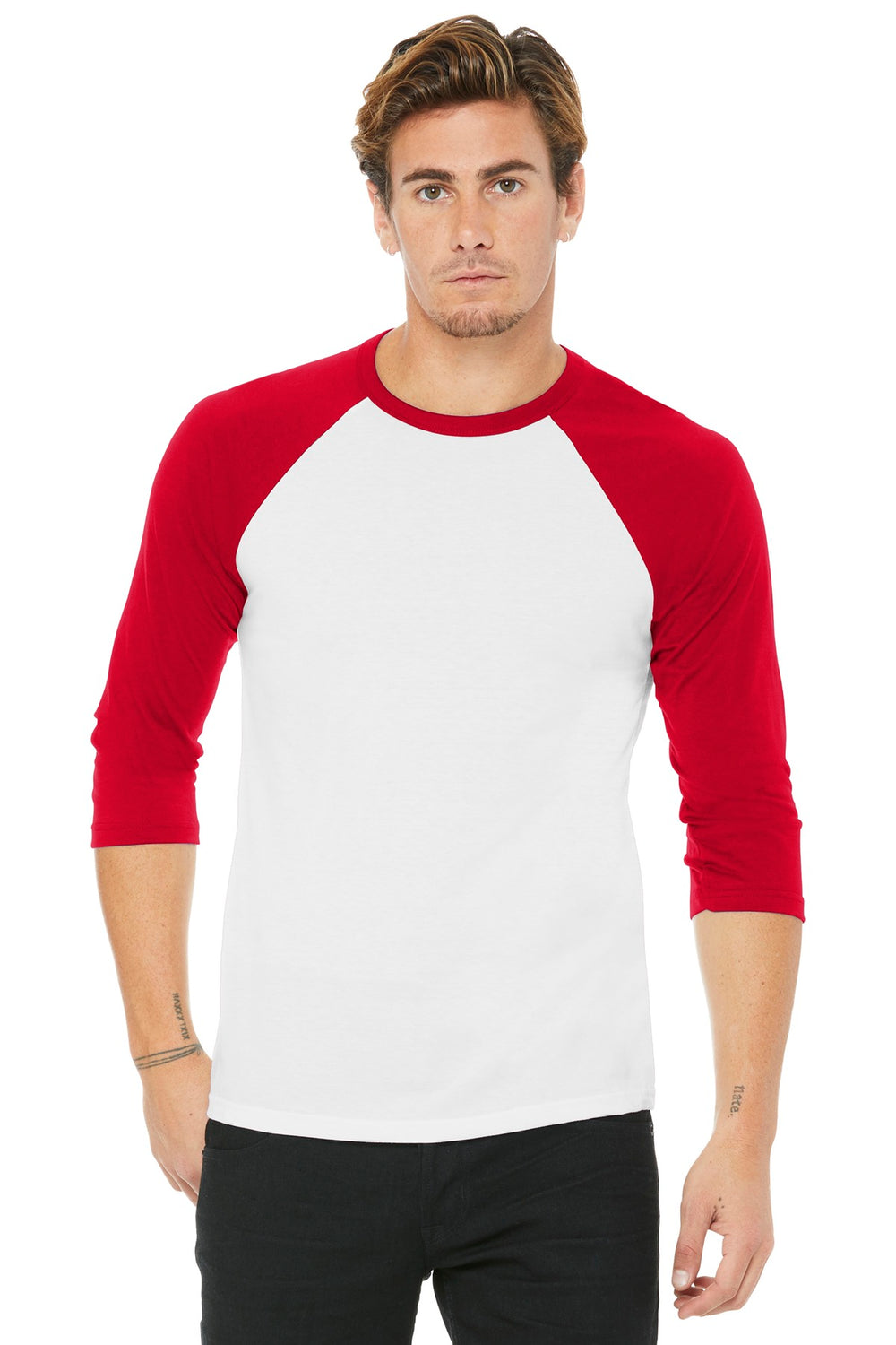 BELLA+CANVAS® Unisex 3/4-Sleeve Baseball Tee - White/ Red - XS