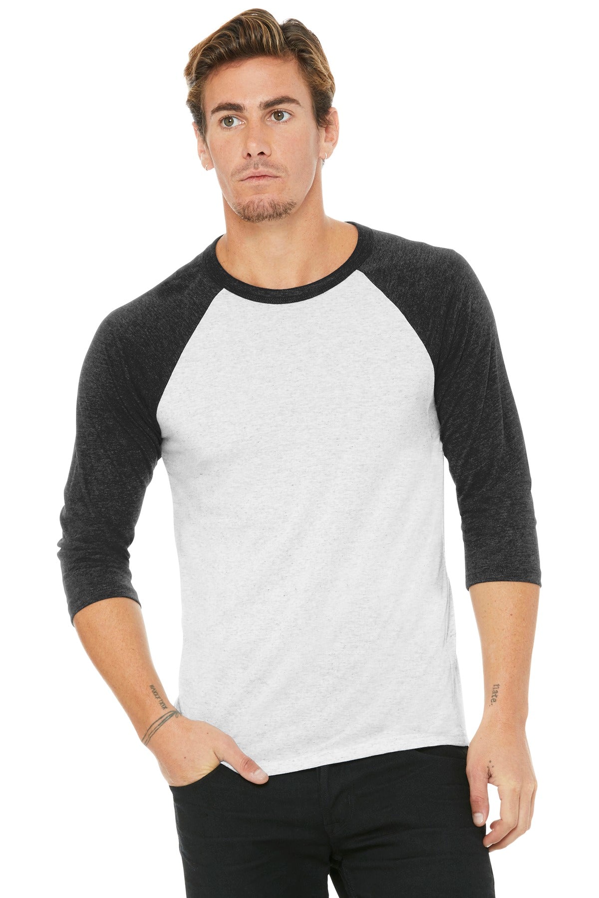 BELLA+CANVAS® Unisex 3/4-Sleeve Baseball Tee - White Fleck/ Charcoal-Black Triblend - XS