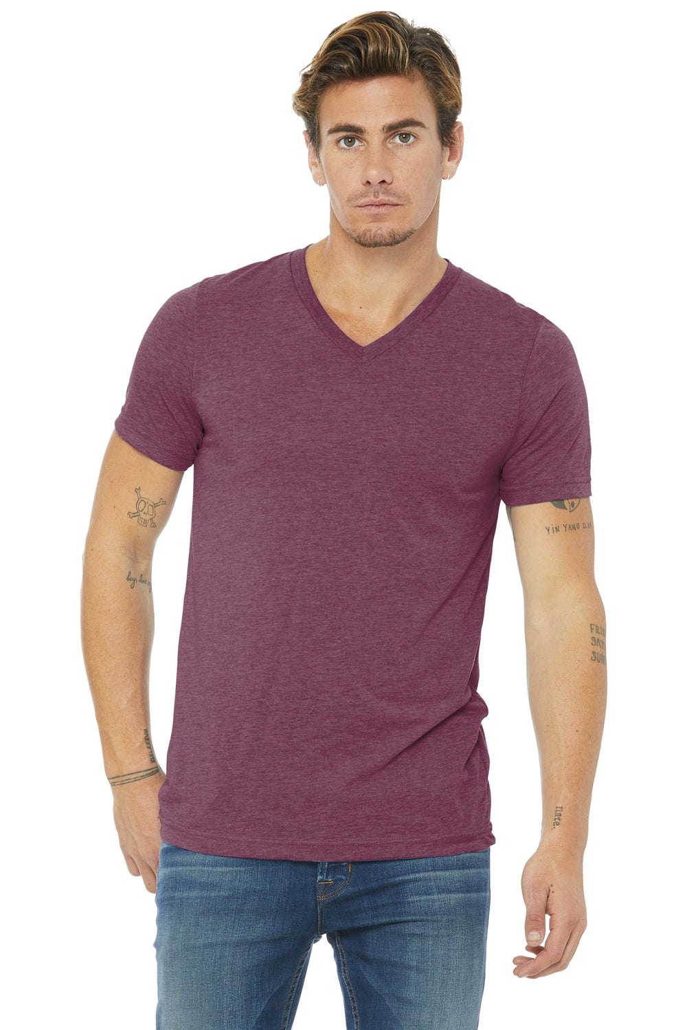 BELLA+CANVAS® Unisex Triblend Short Sleeve V-Neck Tee - Maroon Triblend - XS