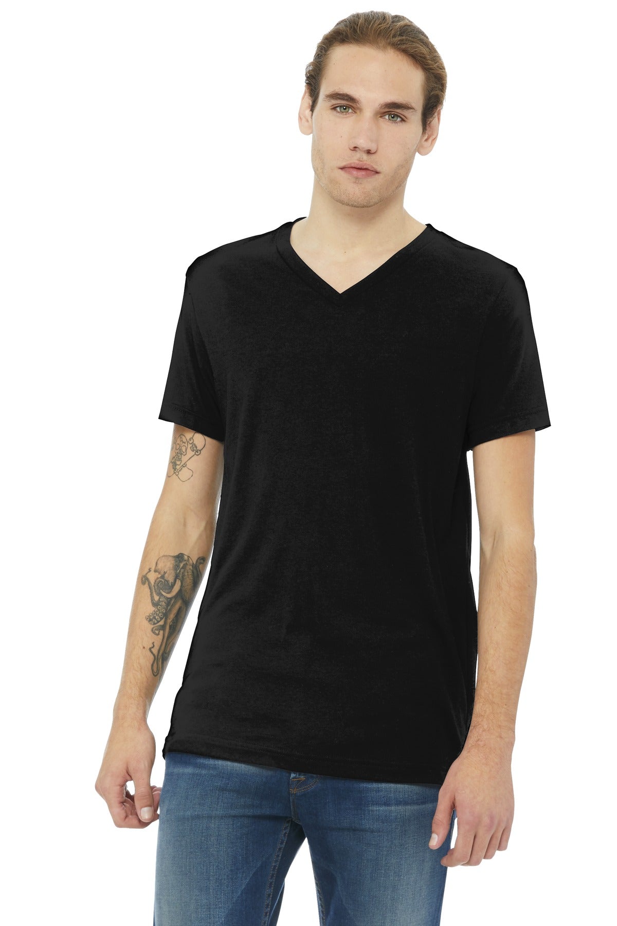BELLA+CANVAS® Unisex Triblend Short Sleeve V-Neck Tee - Solid Black Triblend - XS