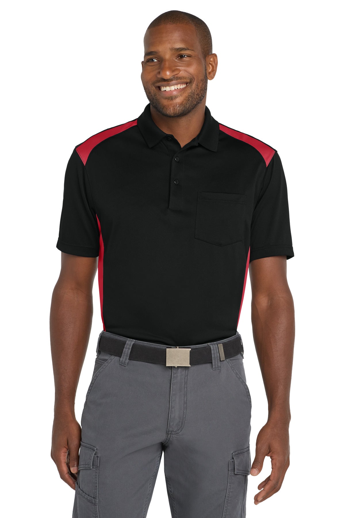 CornerStone® Select Snag-Proof Two Way Colorblock Pocket Polo - Black/ Red - XS