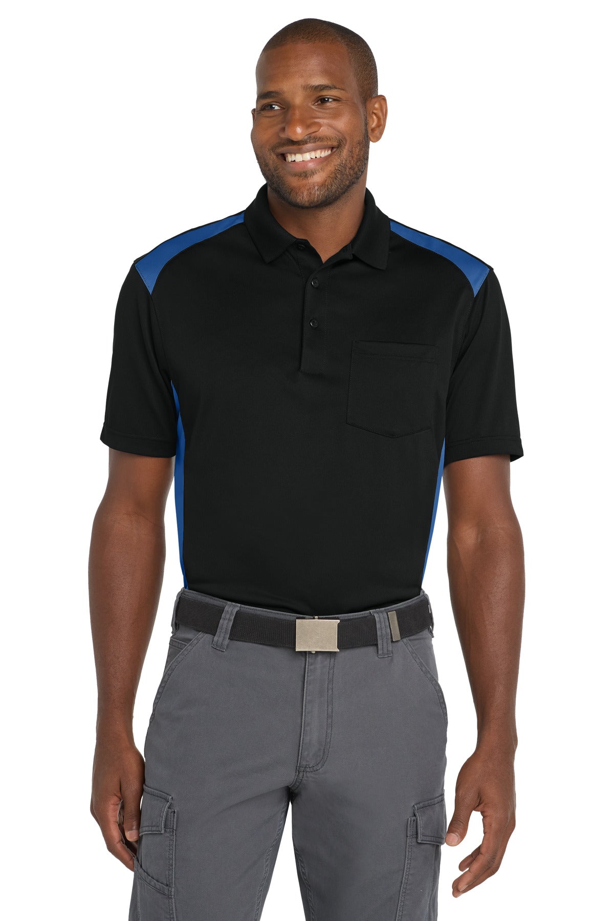 CornerStone® Select Snag-Proof Two Way Colorblock Pocket Polo - Black/ Royal - XS