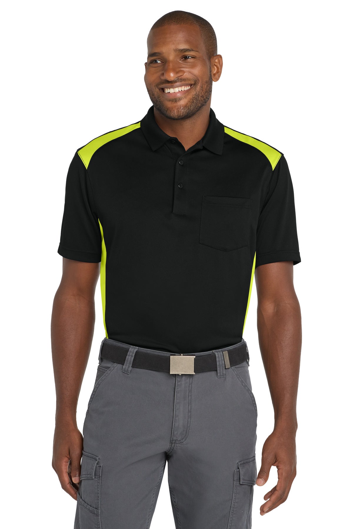 CornerStone® Select Snag-Proof Two Way Colorblock Pocket Polo - Black/ Shock Green - XS