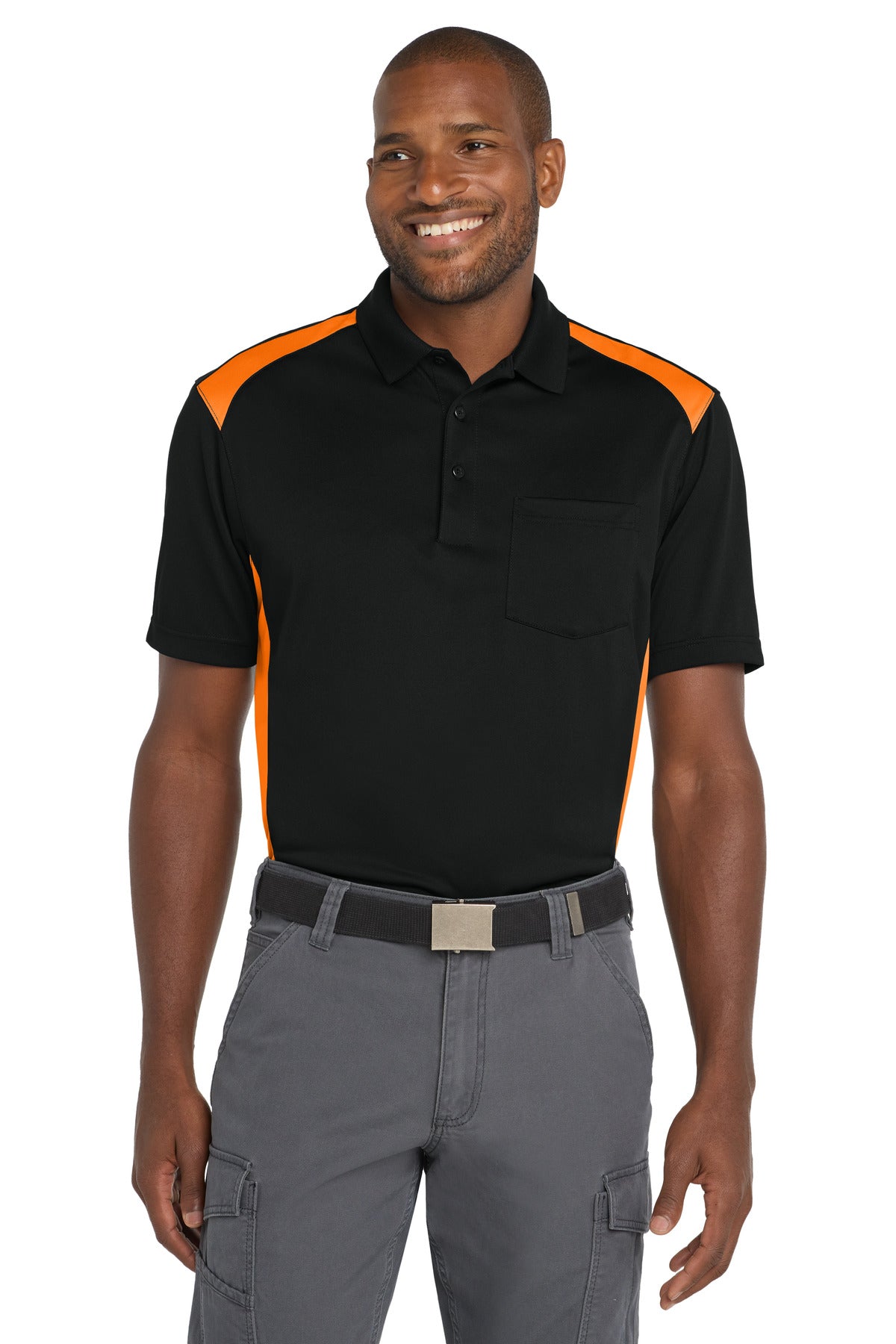 CornerStone® Select Snag-Proof Two Way Colorblock Pocket Polo - Black/ Shock Orange - XS