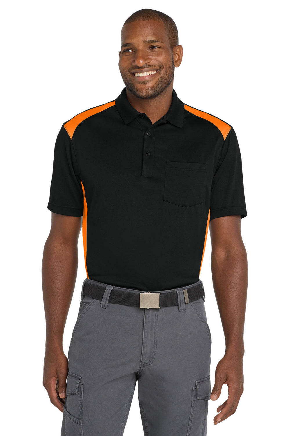 CornerStone® Select Snag-Proof Two Way Colorblock Pocket Polo - Black/ Shock Orange - XS