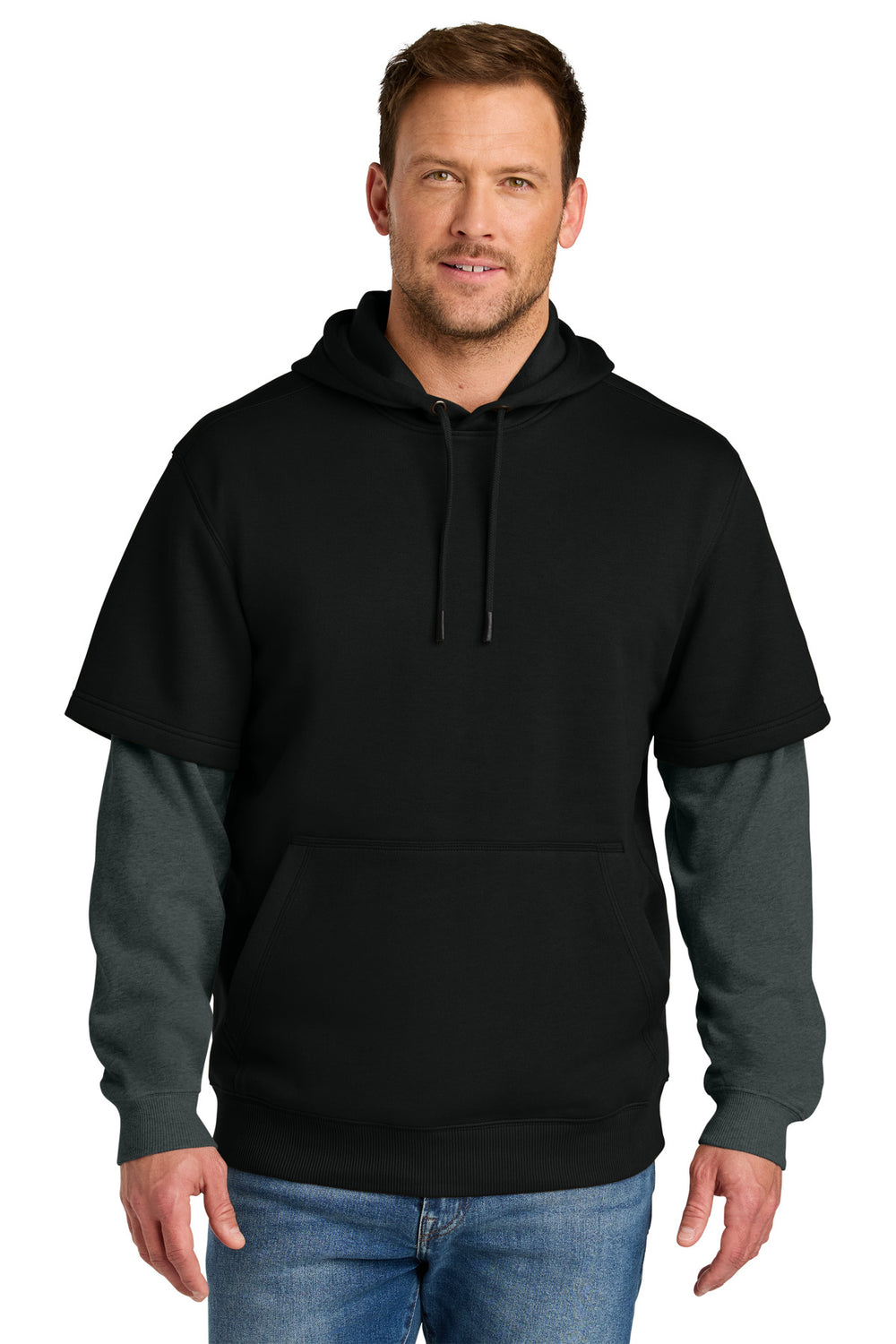 CornerStone® Tough Fleece Layered Hoodie - Black/ Charcoal Heather - XS