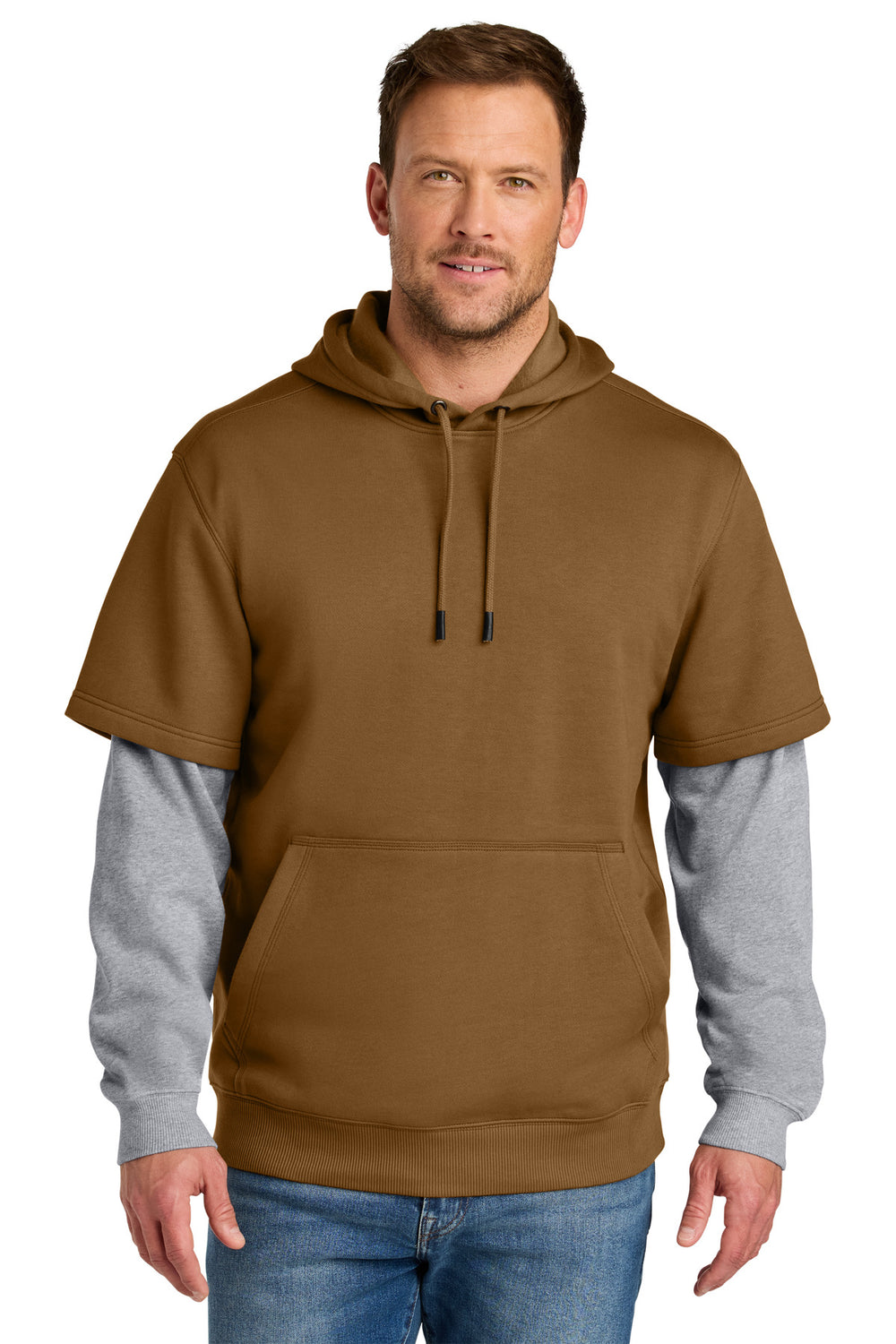 CornerStone® Tough Fleece Layered Hoodie - Duck Brown/ Heather Grey - XS