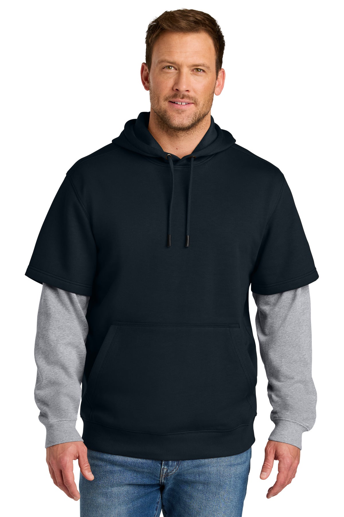 CornerStone® Tough Fleece Layered Hoodie - Navy/ Heather Grey - XS