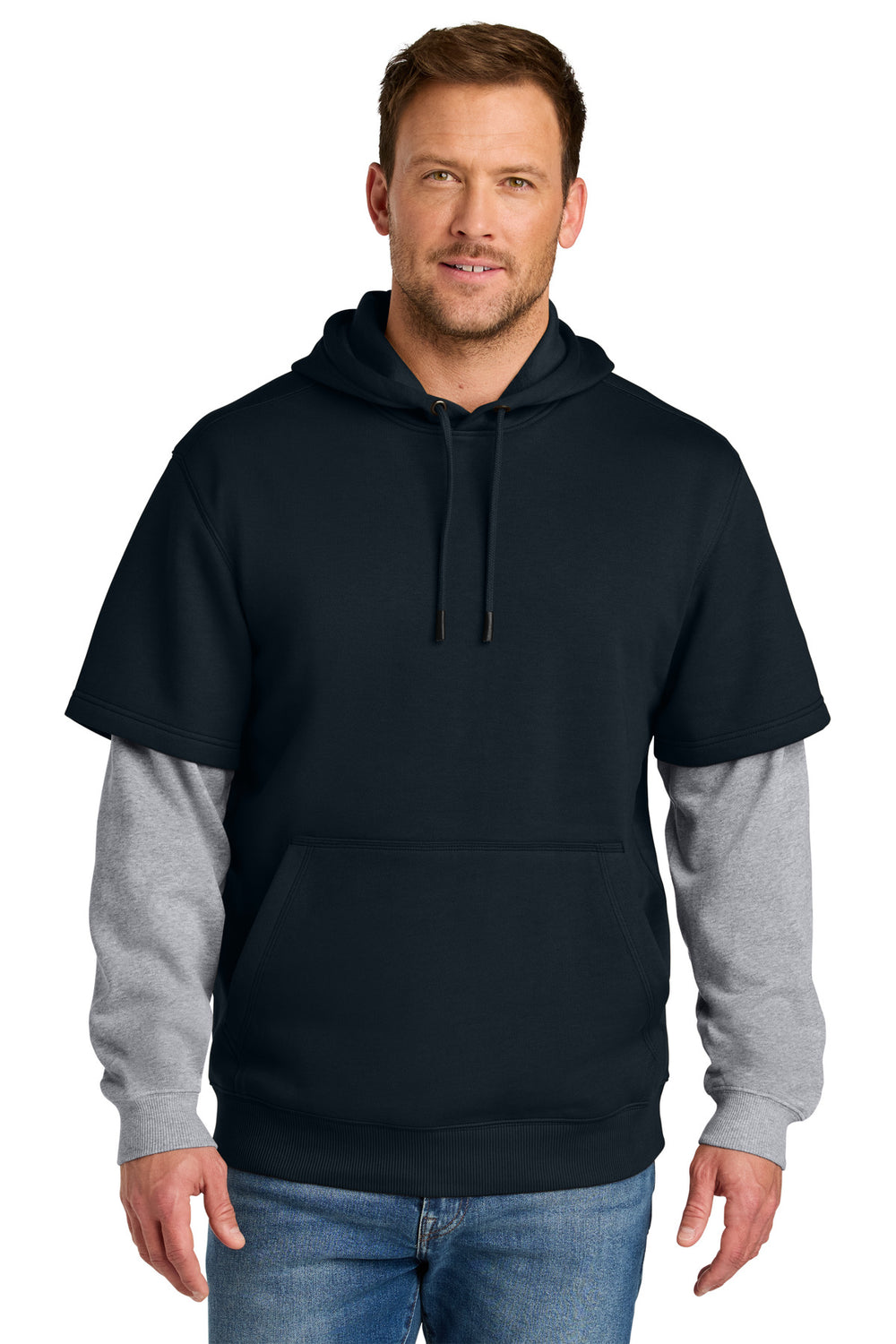 CornerStone® Tough Fleece Layered Hoodie - Navy/ Heather Grey - XS