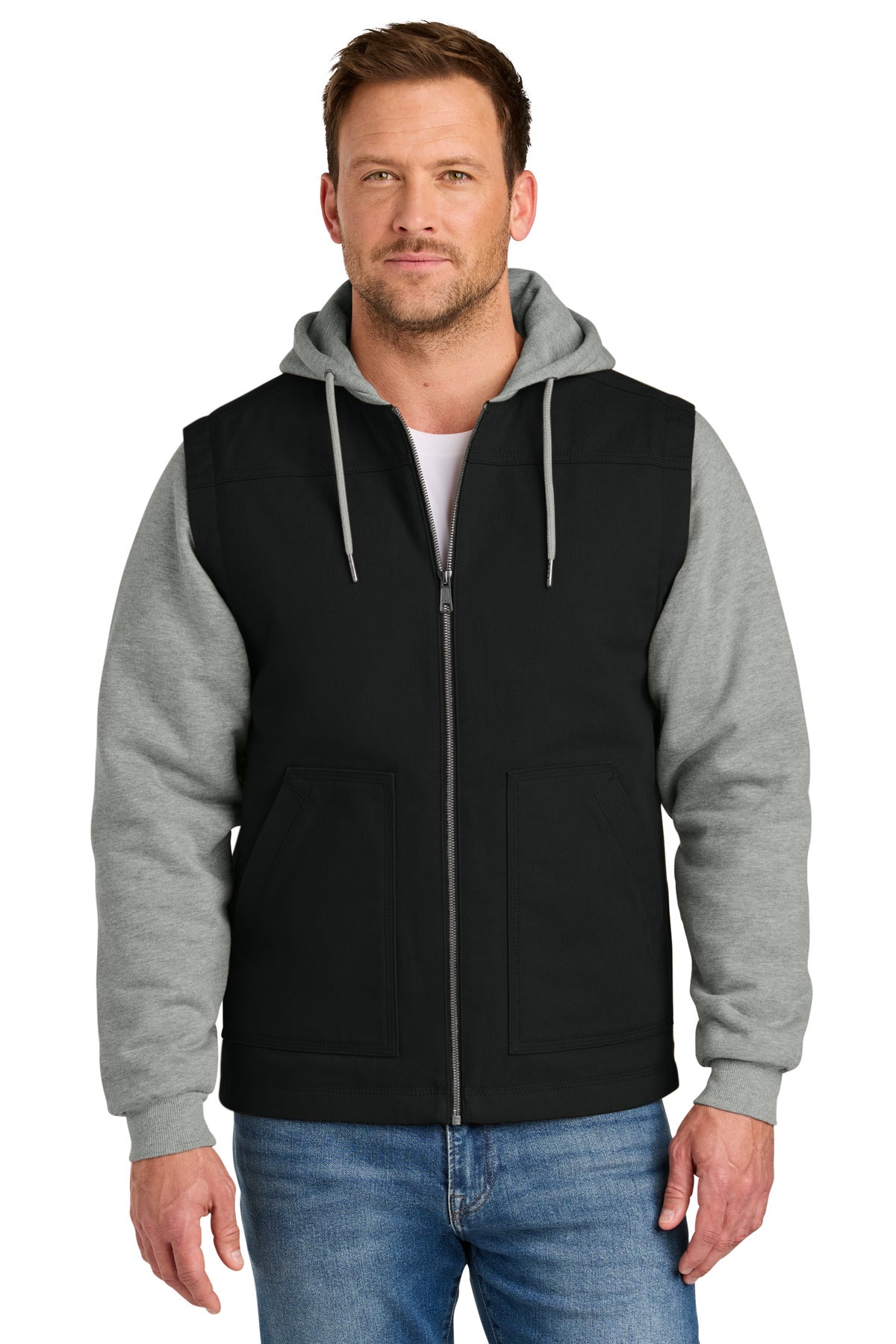 CornerStone® Duck Fleece Full-Zip Hooded Jacket - Black/ Heather Grey - XS