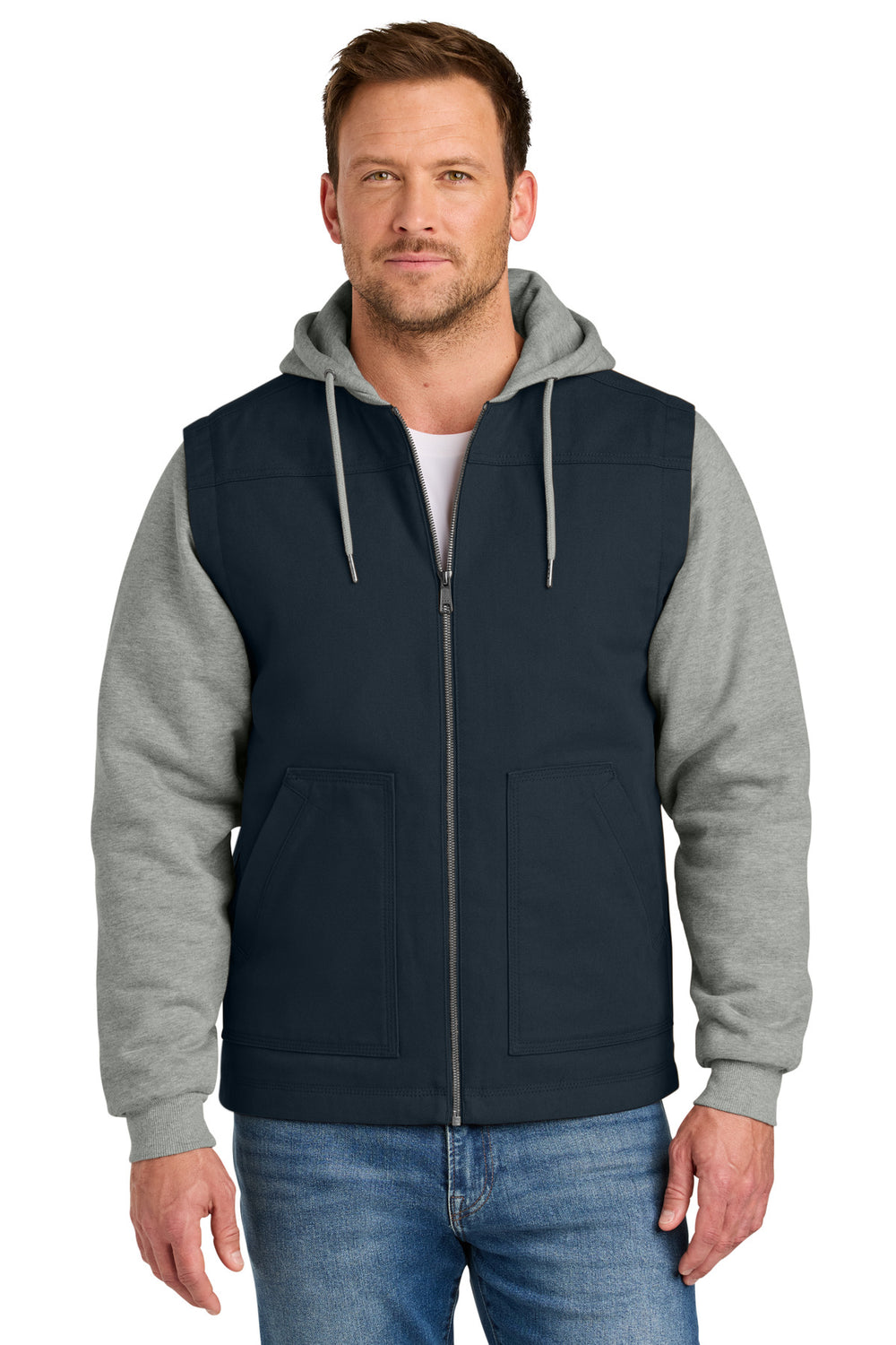 CornerStone® Duck Fleece Full-Zip Hooded Jacket - Navy/ Heather Grey - XS