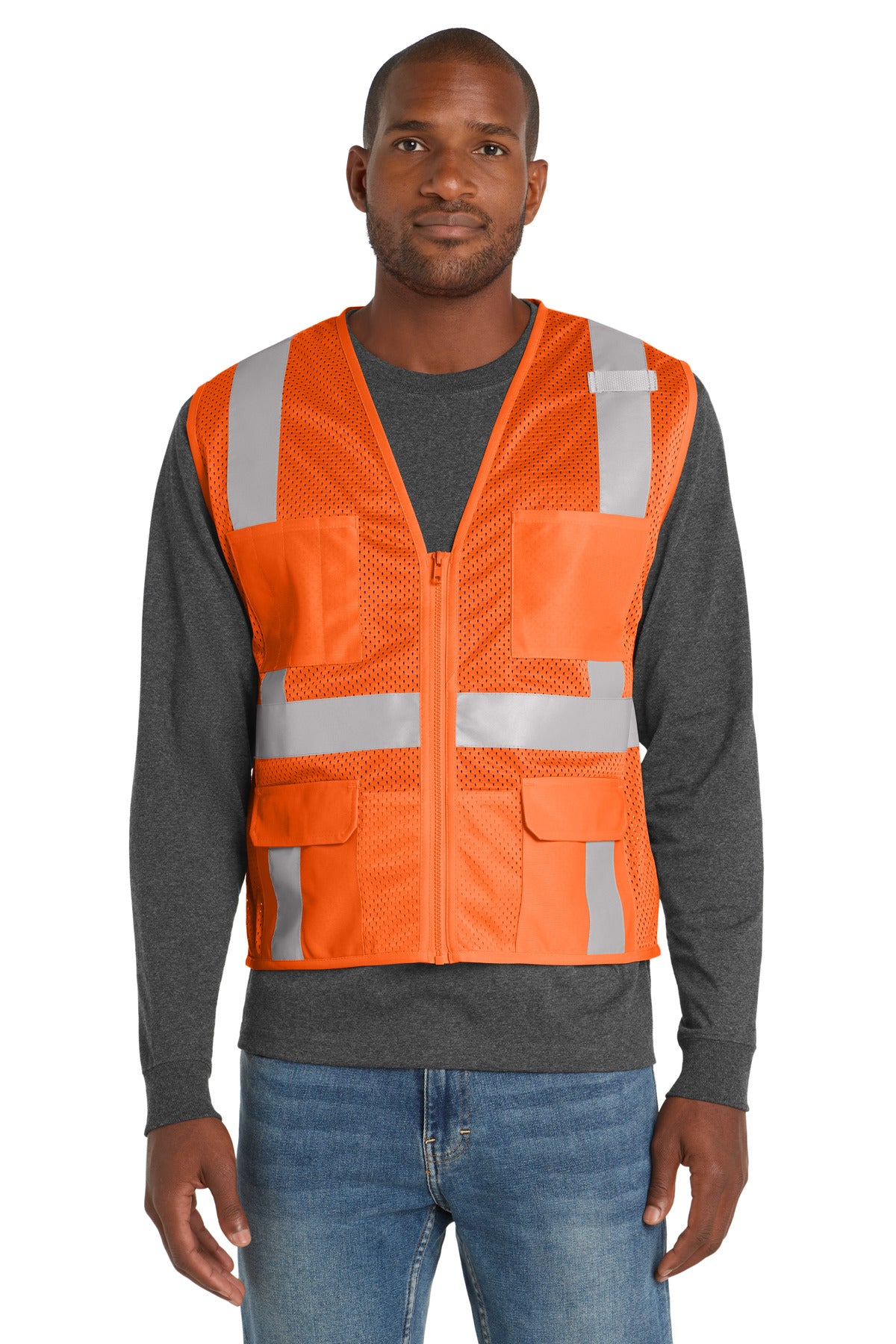 CornerStone® ANSI 107 Class 2 Mesh Six-Pocket Zippered Vest - Safety Orange - S/M