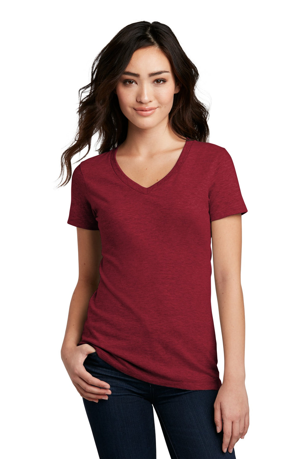 District® Women’s Perfect Blend® CVC V-Neck Tee - Red Fleck - XS