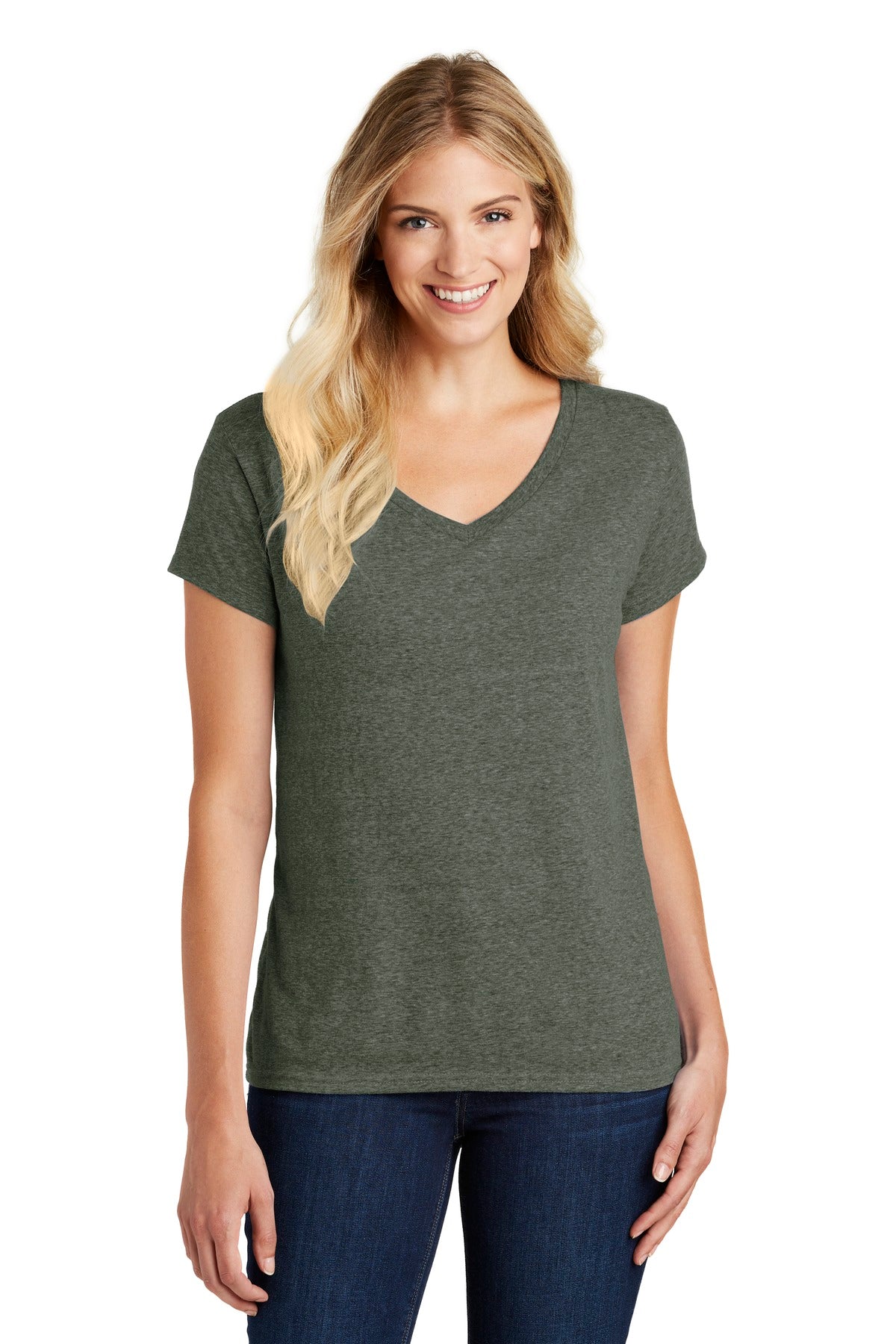 District® Women’s Perfect Blend® CVC V-Neck Tee - Heathered Olive - XS