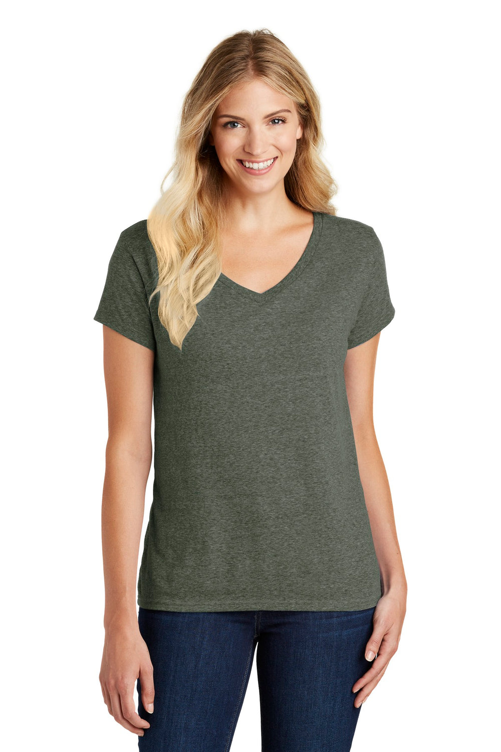 District® Women’s Perfect Blend® CVC V-Neck Tee - Heathered Olive - XS
