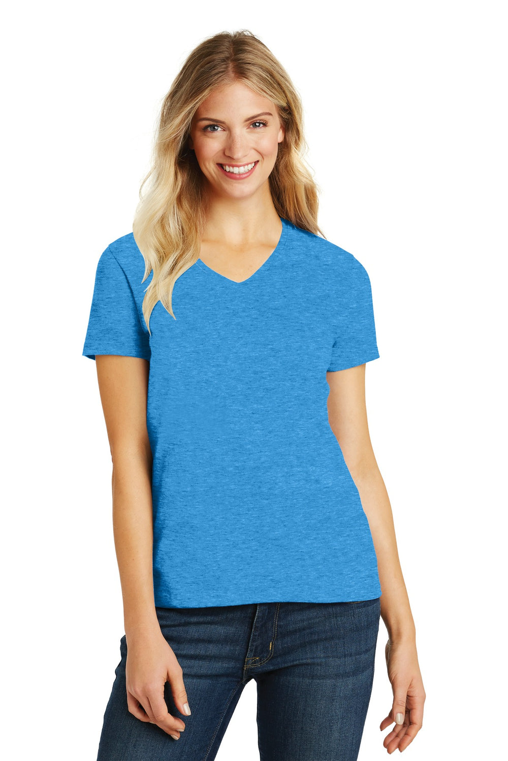 District® Women’s Perfect Blend® CVC V-Neck Tee - Heathered Bright Turquoise - XS